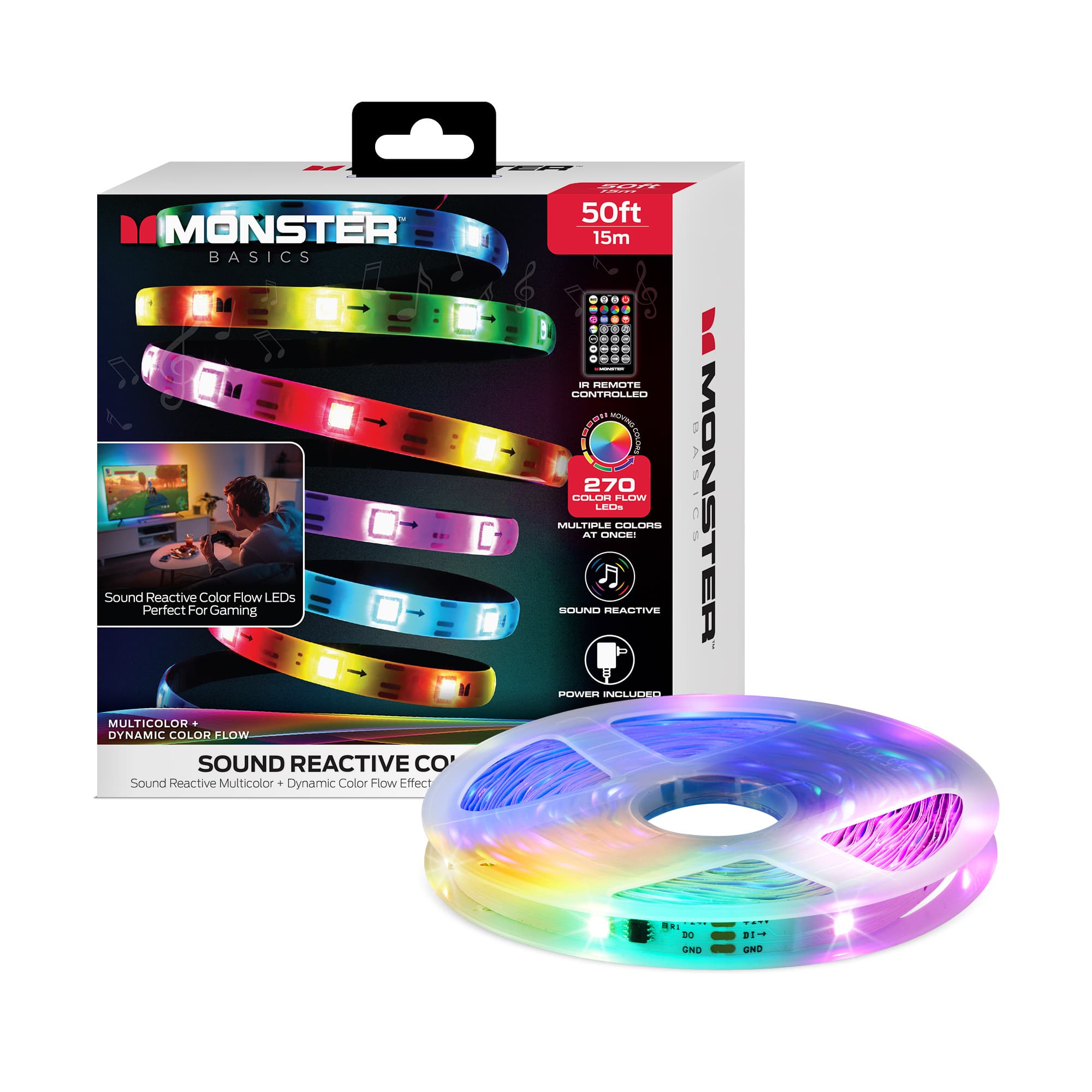Monster - Indoor 50ft Sound-Reactive Color Flow LED Light Strip with Remote Control, USB Powered - Multicolor