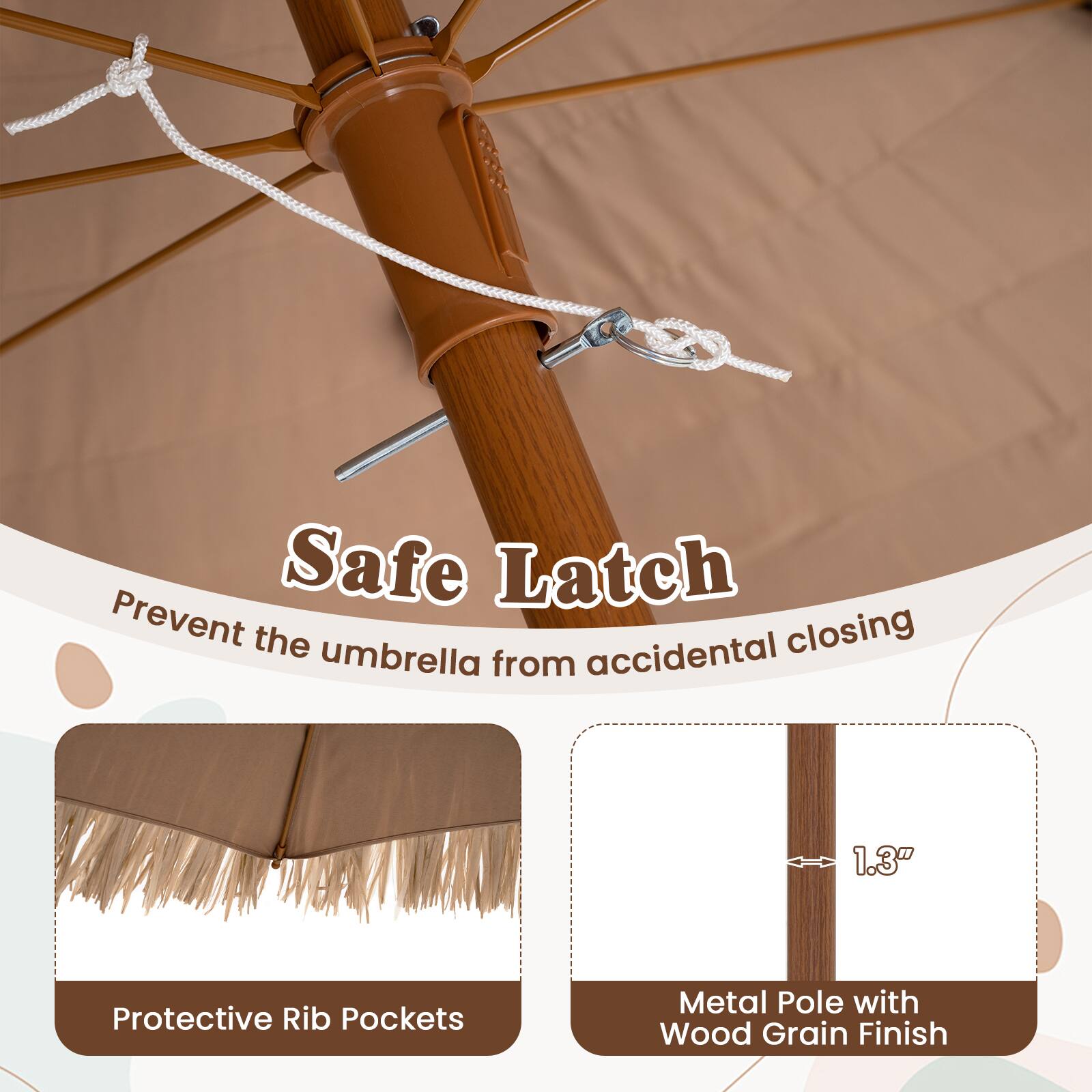 Safe Latch, Prevent the umbrella from accidental closing, 1.3", Protective Rib Pockets, Metal Pole with Wood Grain Finish
