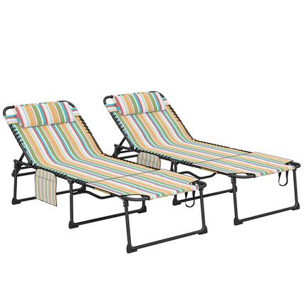 Front. Outsunny - 2 Piece Folding Chaise Lounge with 5-level Reclining Back, Tanning Chair with Face Hole, Outdoor Lounge Chair - Rainbow Striped.