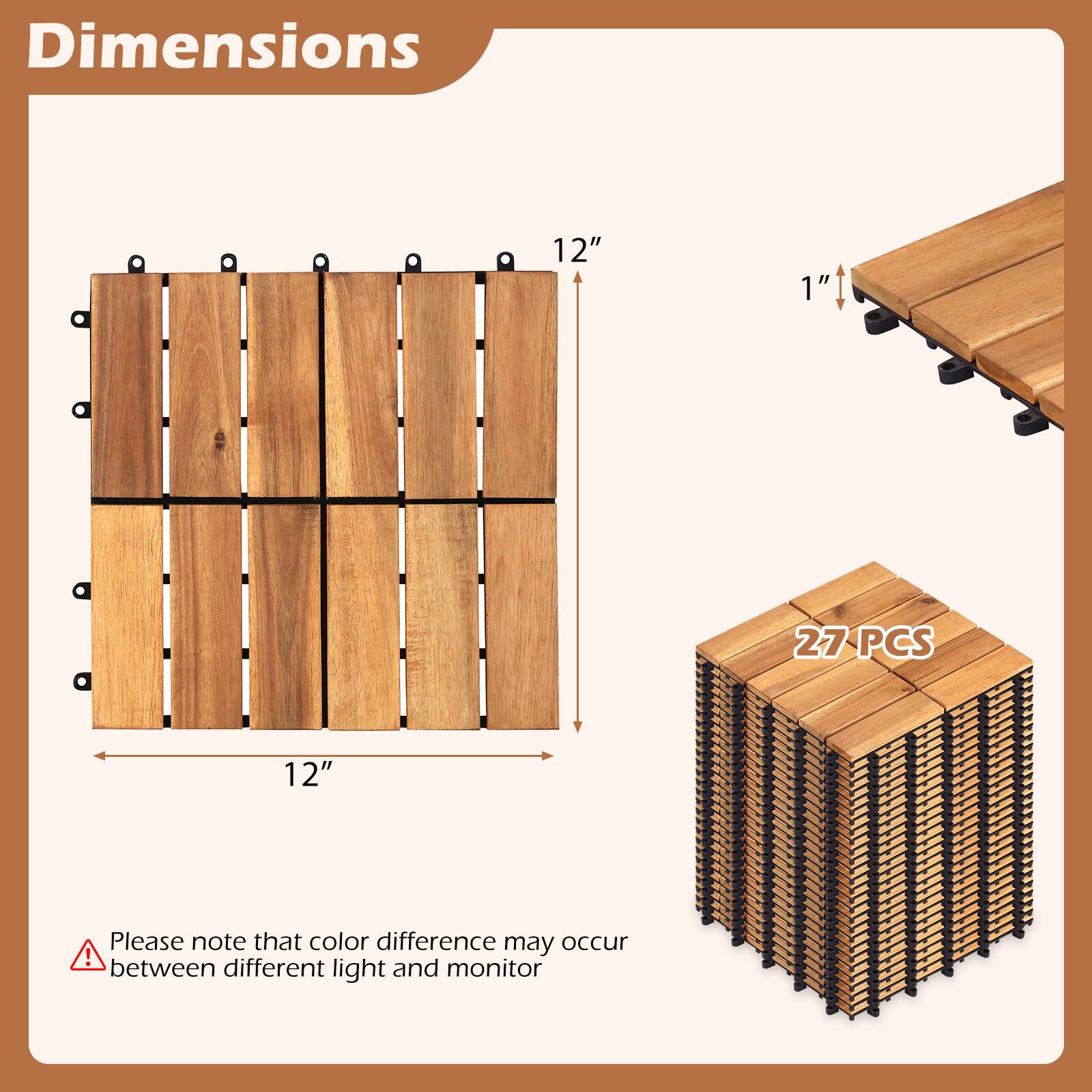 Dimensions: 12" x 1"  
27 PCS  
Please note that color difference may occur between different light and monitor