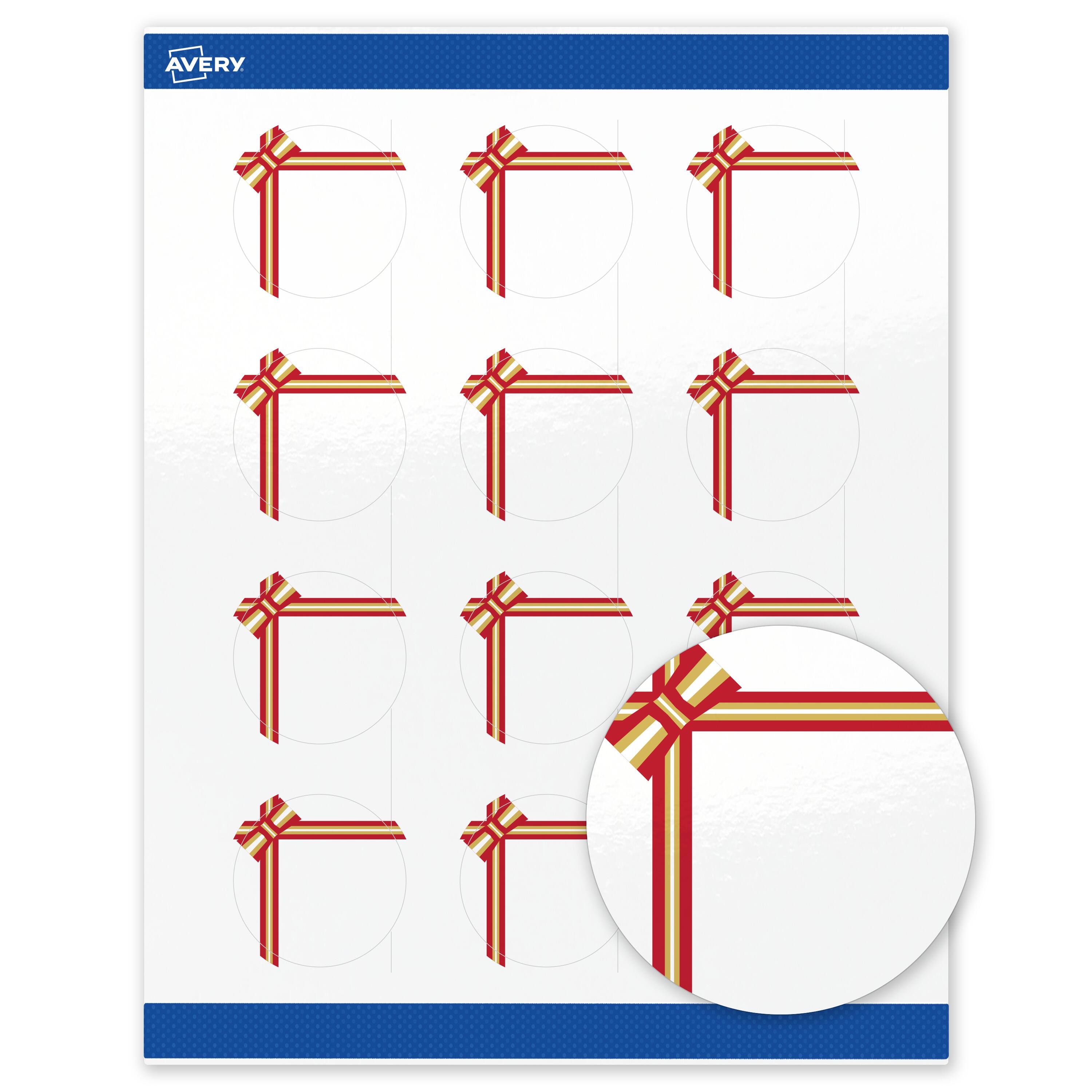 Front. Avery - Avery® Labels, 2" Diameter, Glossy White, Red & Metallic Gold Gift Bow - White.
