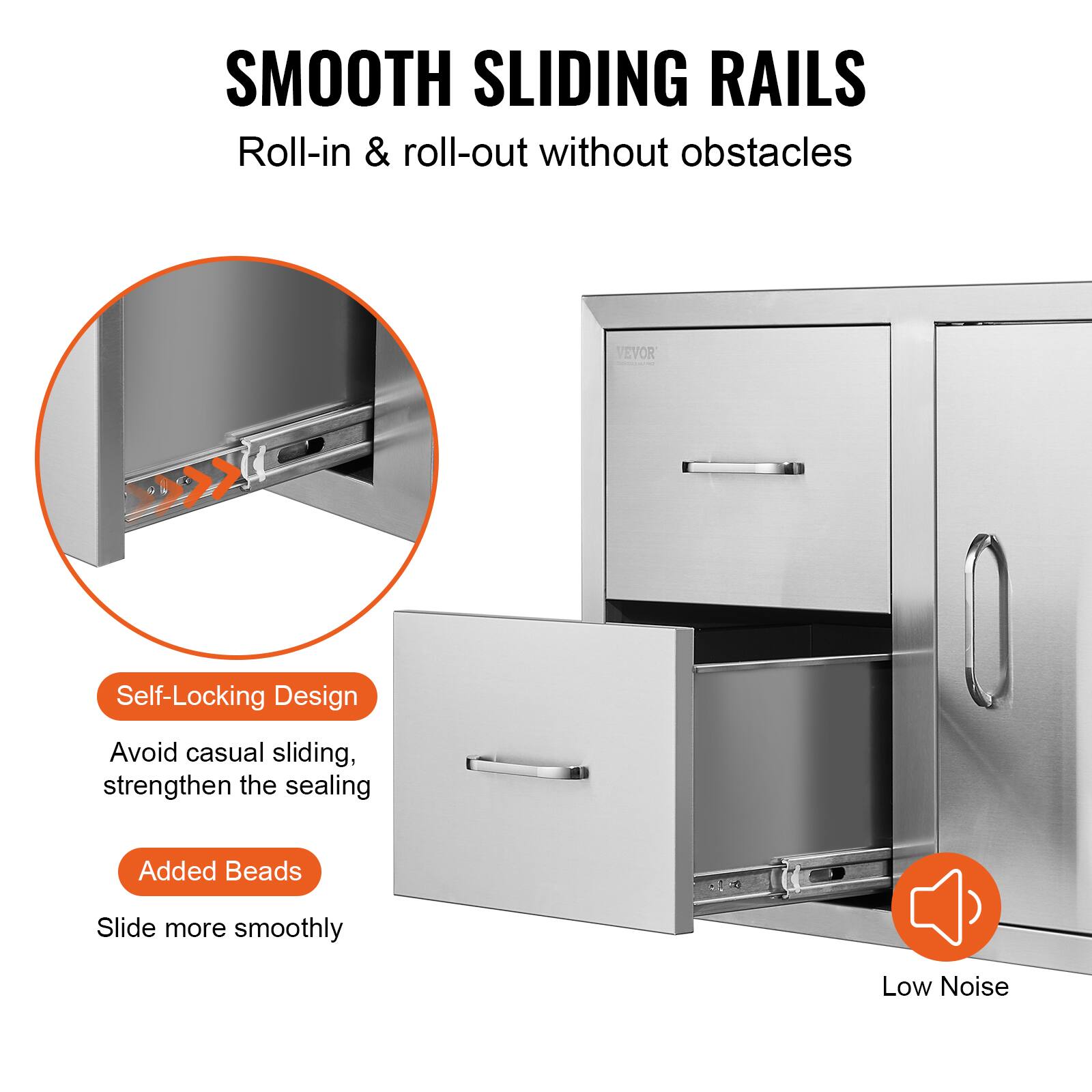 **SMOOTH SLIDING RAILS**  
Roll-in & roll-out without obstacles  

- **Self-Locking Design**  
  Avoid casual sliding, strengthen the sealing  

- **Added Beads**  
  Slide more smoothly  

- **Low Noise**