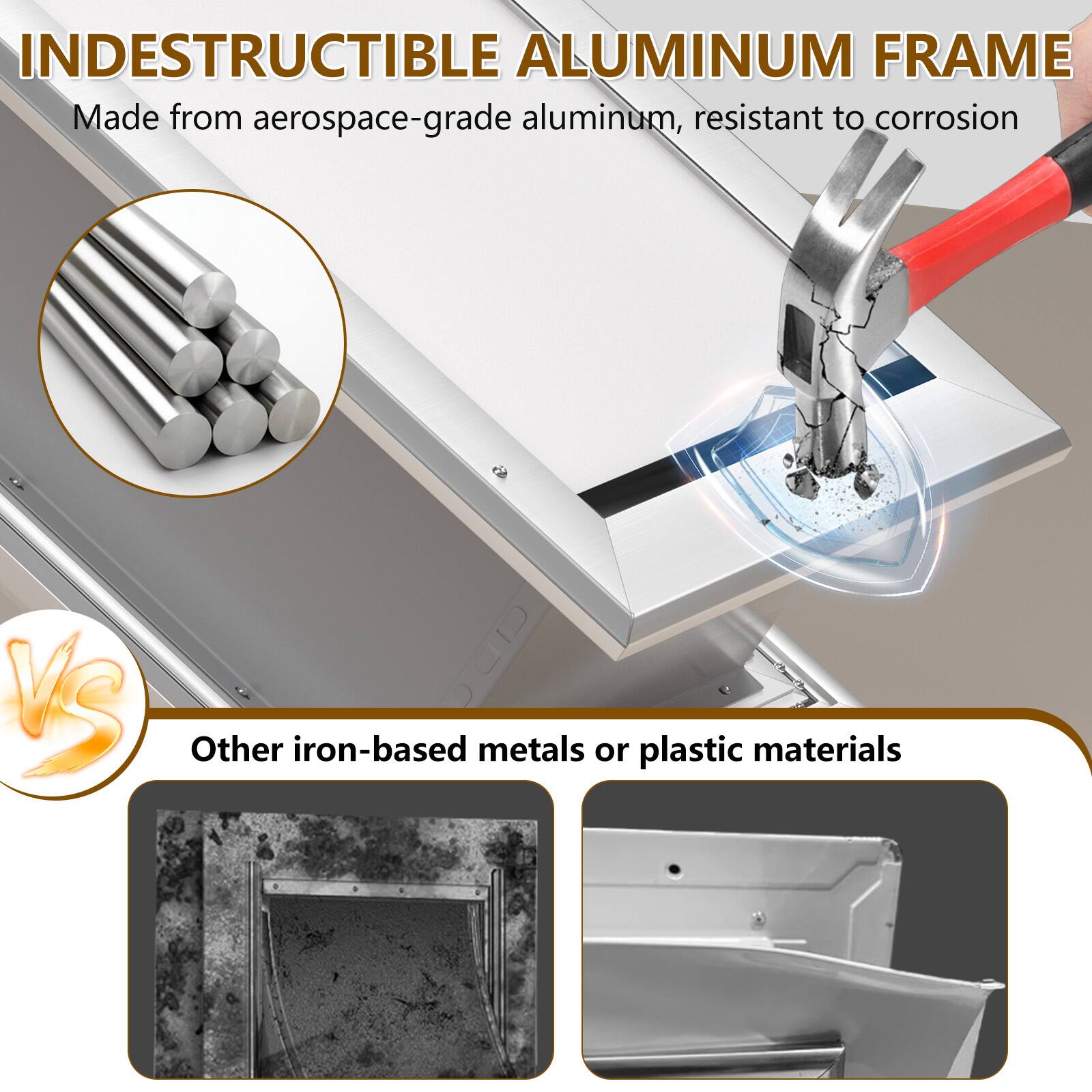 **INDESTRUCTIBLE ALUMINUM FRAME**

Made from aerospace-grade aluminum, resistant to corrosion

**VS**

Other iron-based metals or plastic materials