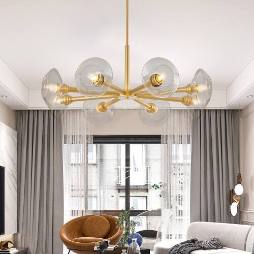 Angle. LUCKY ONE - 36in Hanging Sputnik Chandelier, 8-Light Gold Mid-Century Pendant for Dining Room Living Room Kitchen - Gold.