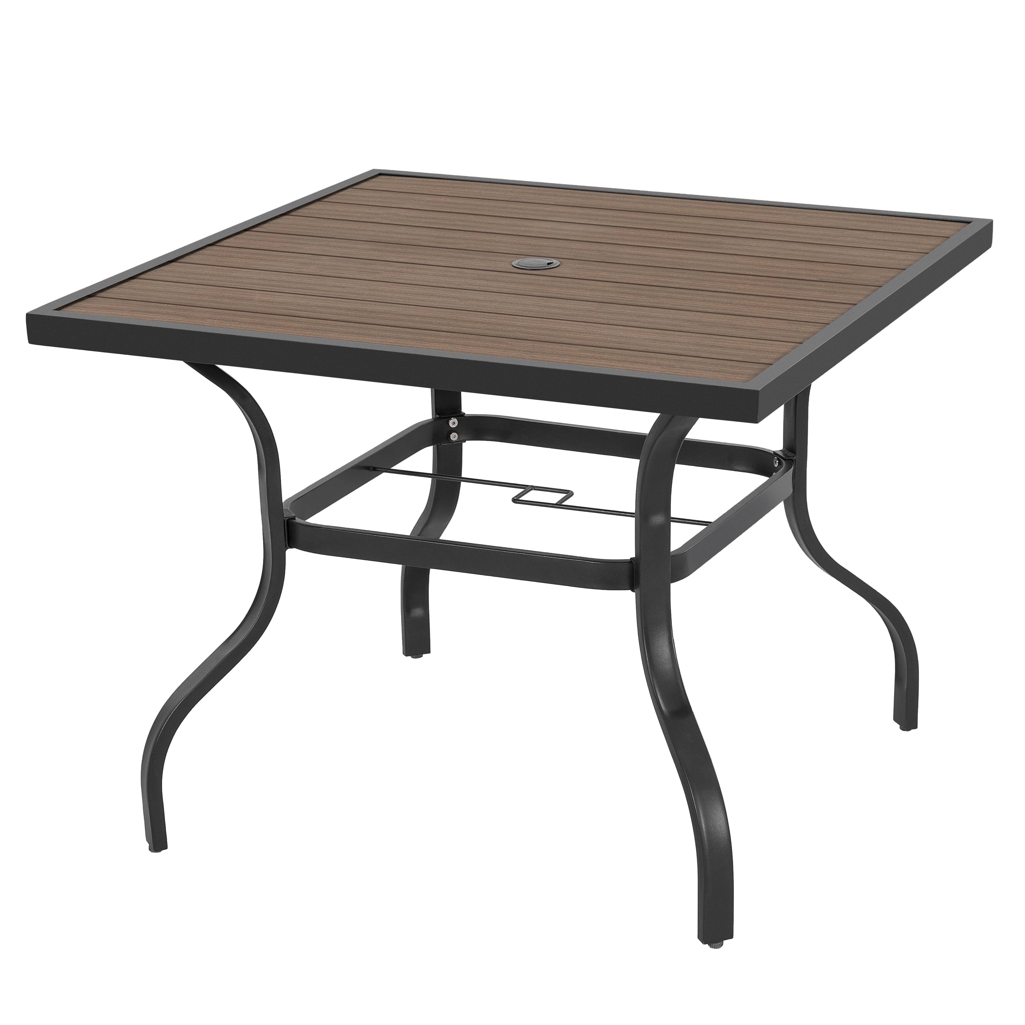 Alt View 6. Nuu Garden - Outdoor 37" Square Metal Dining Table with 1.6'' Umbrella Hole, Powder-Coated Frame, Faux Wood Tabletop - Black and wood-grain finish.