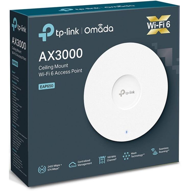 tp-link | Omäda  
AX3000  
Ceiling Mount Wi-Fi 6 Access Point  
EAP650  

Wi-Fi 6  
2402 Mbps + 574 Mbps*  
160 MHz Channel  
Mesh Technology**  
Seamless Roaming**  
Centralized Cloud Management  

2402 Mbps + 574 Mbps*  
160 MHz Channel  
Mesh Technology**  
Seamless Roaming**