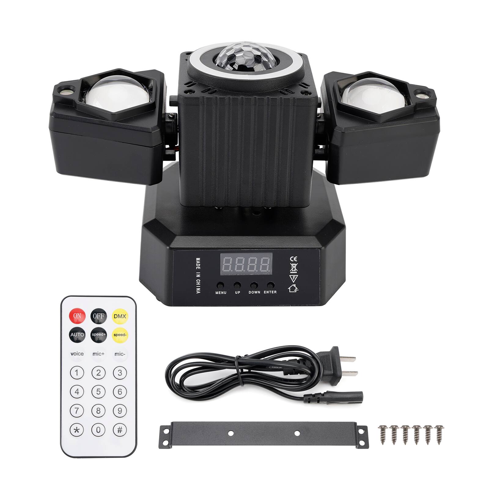 MADE IN CHINA

MENU
UP
DOWN ENTER
CE
ON
OFF
DMX
AUTO speed+ speed-
voice
mic+
mic-
1
2
3
4
5
6
7
8
9
*
0
#