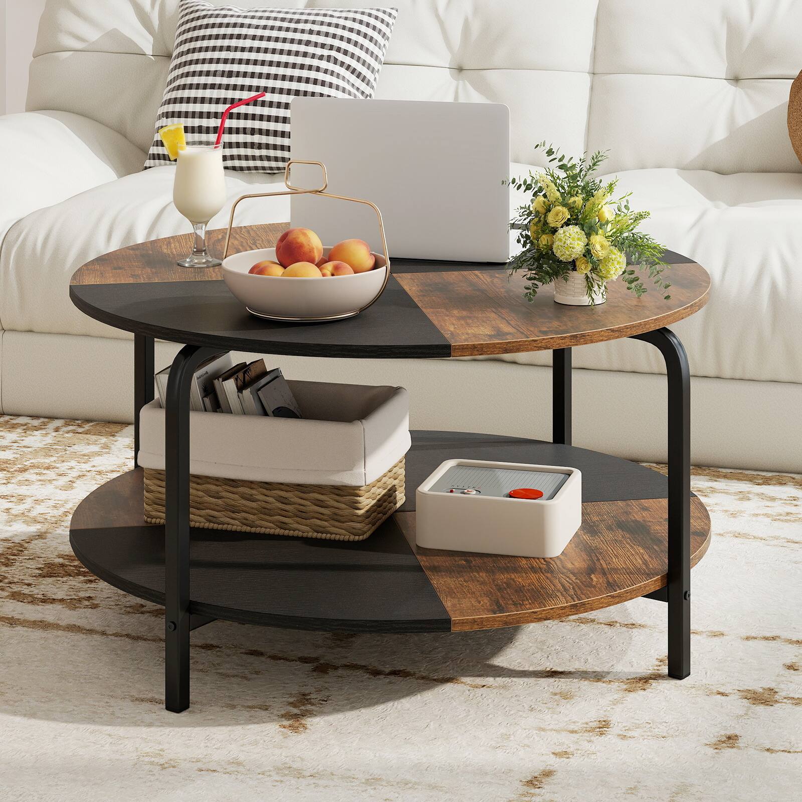 Alt View 3. Gymax - Gymax 2-Tier Round Coffee Table w/Storage Shelf Metal Frame for Living Room Apartment Rustic Brown - Brown.