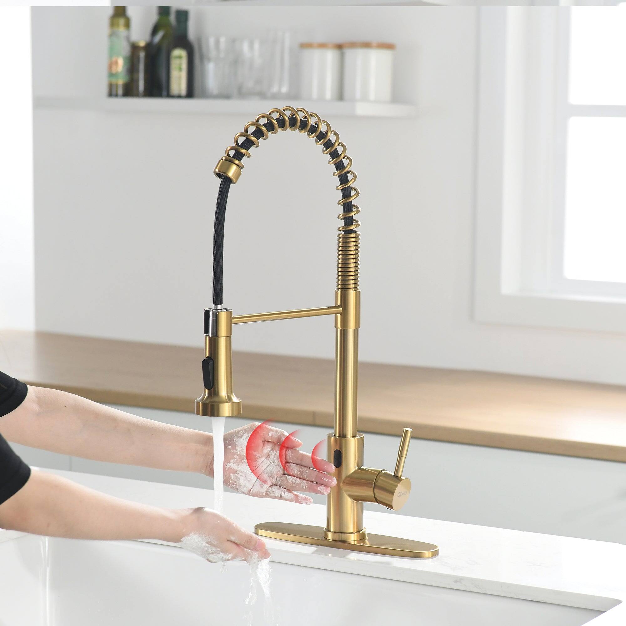 Alt View 6. Boyel Living - Brushed Gold 2 Spray Patterns Single Handle Touchless Pull Down Kitchen Faucet with Deckplate Included - Brushed Gold.