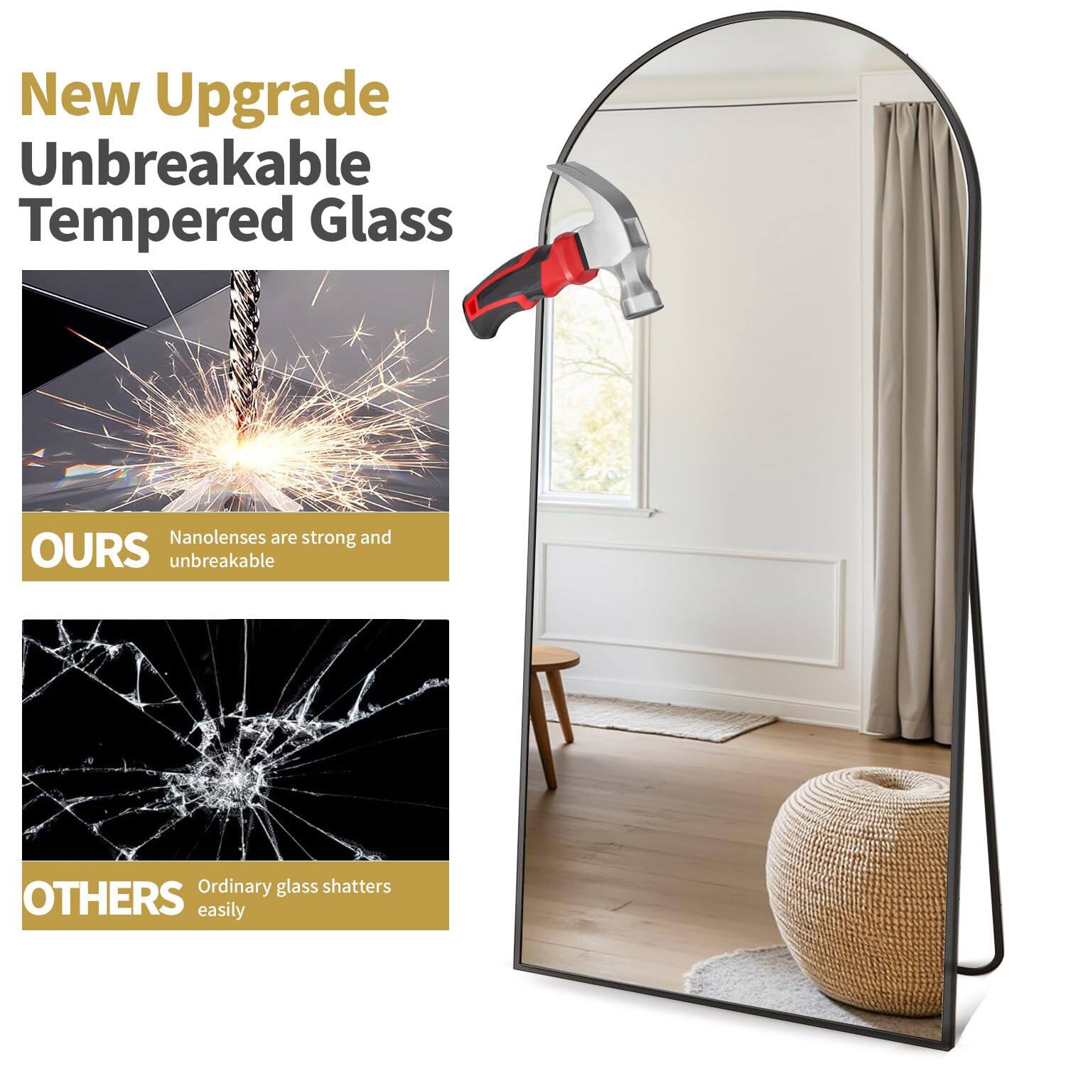New Upgrade  
Unbreakable Tempered Glass

**OURS**  
Nanolenses are strong and unbreakable

**OTHERS**  
Ordinary glass shatters easily