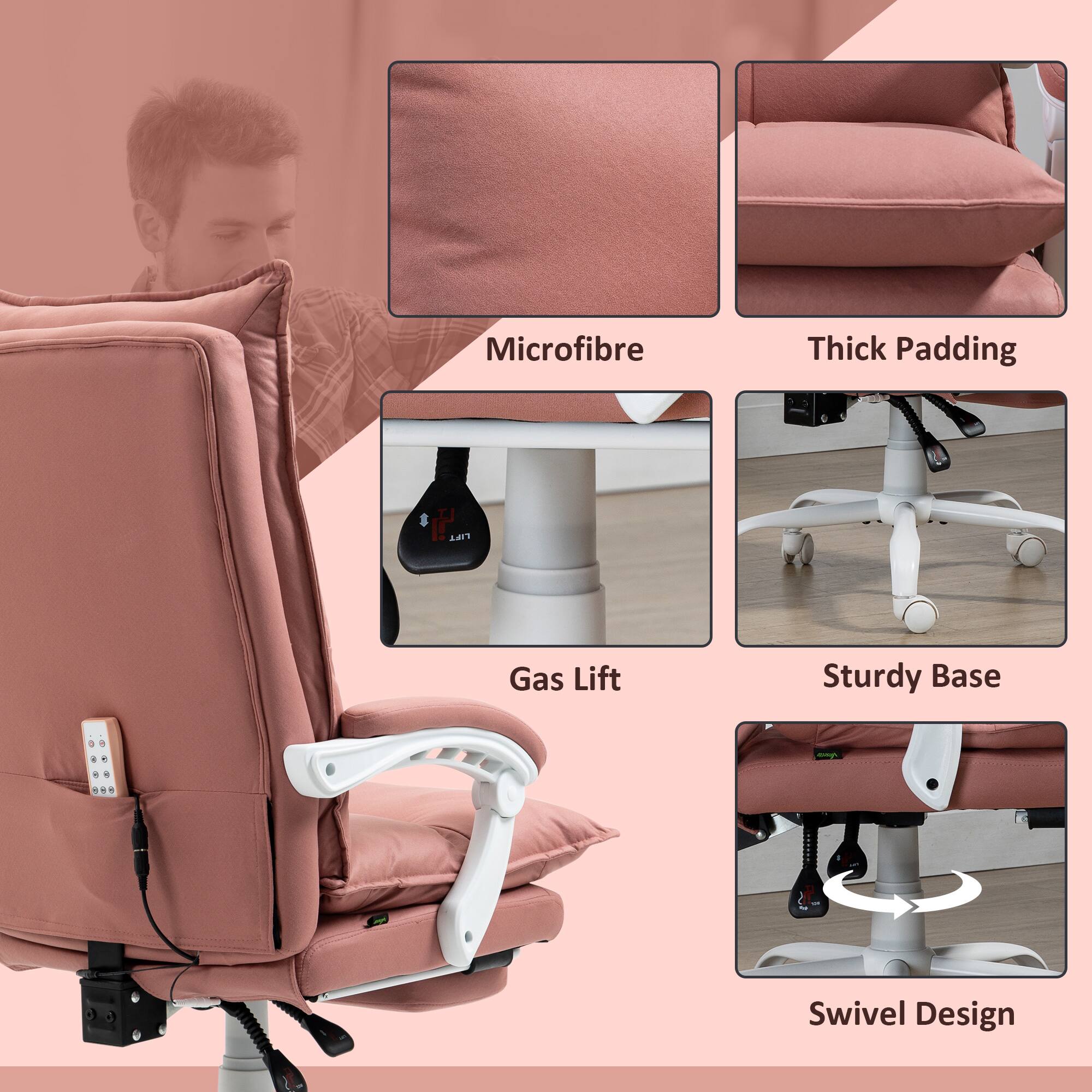 Microfibre, Thick Padding, Gas Lift, Sturdy Base, Swivel Design