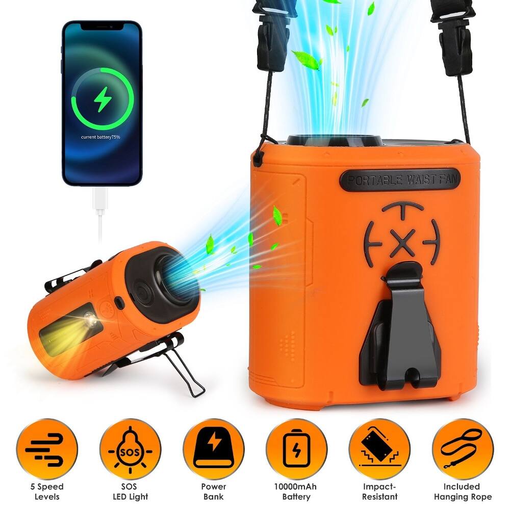 current battery 75% battery T5% PORTABLE WAIST FAN SOS 4 5 Speed Levels SOS LED Light Power Bank 10000mAh Battery Impact- Resistant Included Hanging Rope