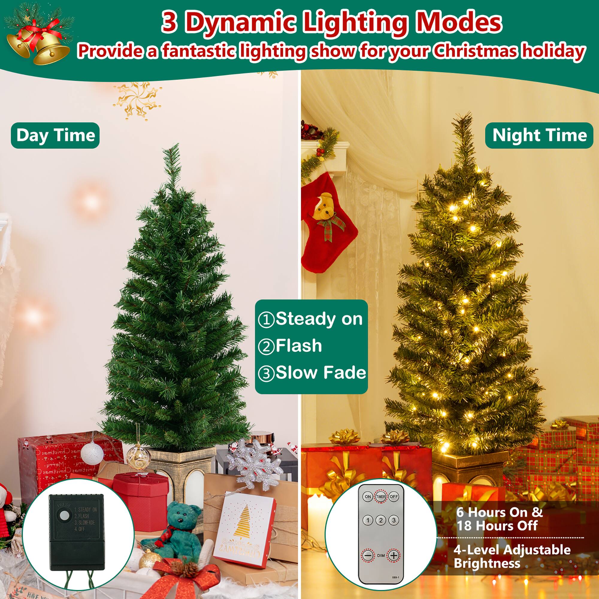 3 Dynamic Lighting Modes  
Provide a fantastic lighting show for your Christmas holiday  

Day Time  
Night Time  

1 Steady on  
2 Flash  
3 Slow Fade  

6 Hours On & 18 Hours Off  
4-Level Adjustable Brightness