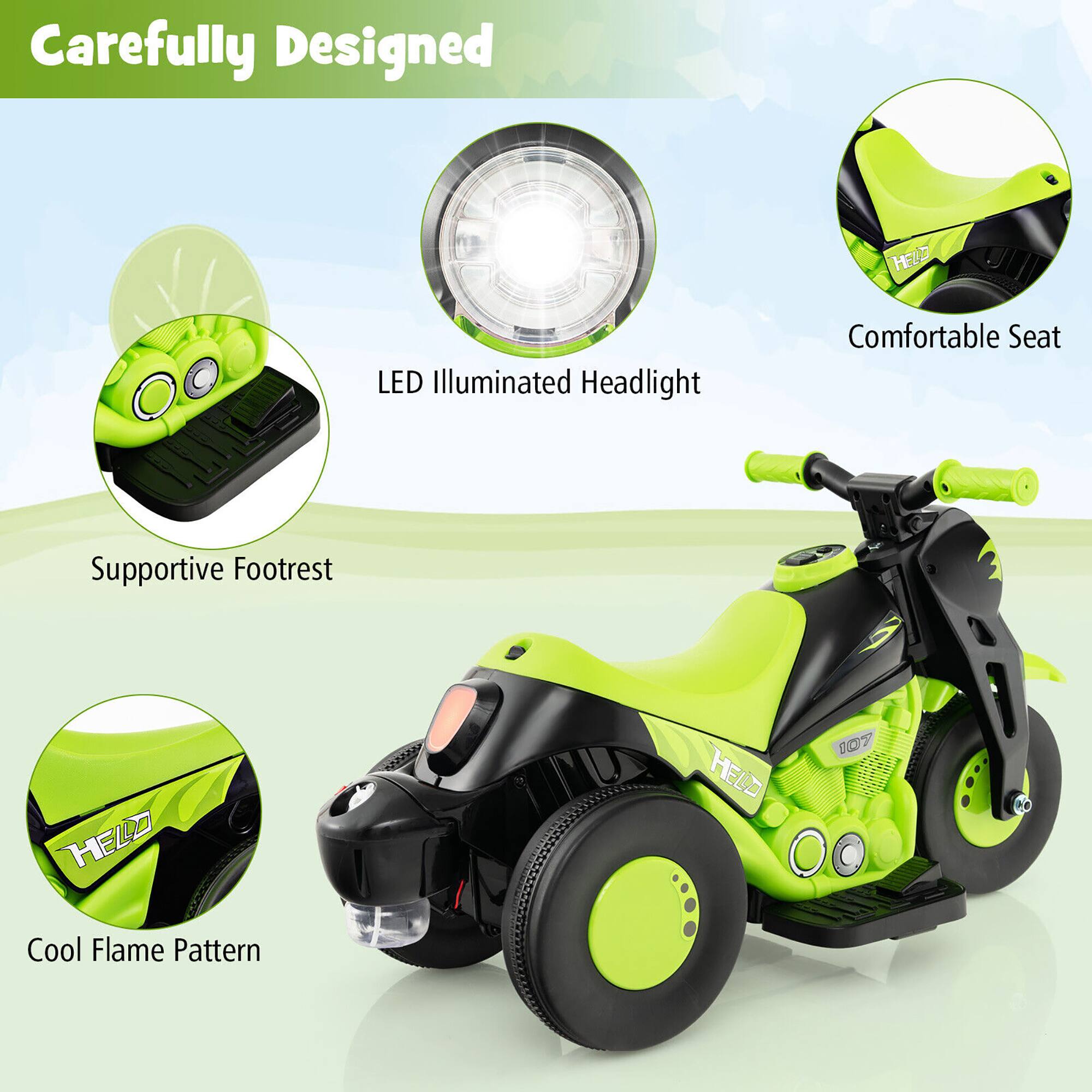 Carefully Designed

- LED Illuminated Headlight
- Comfortable Seat
- Supportive Footrest
- Cool Flame Pattern