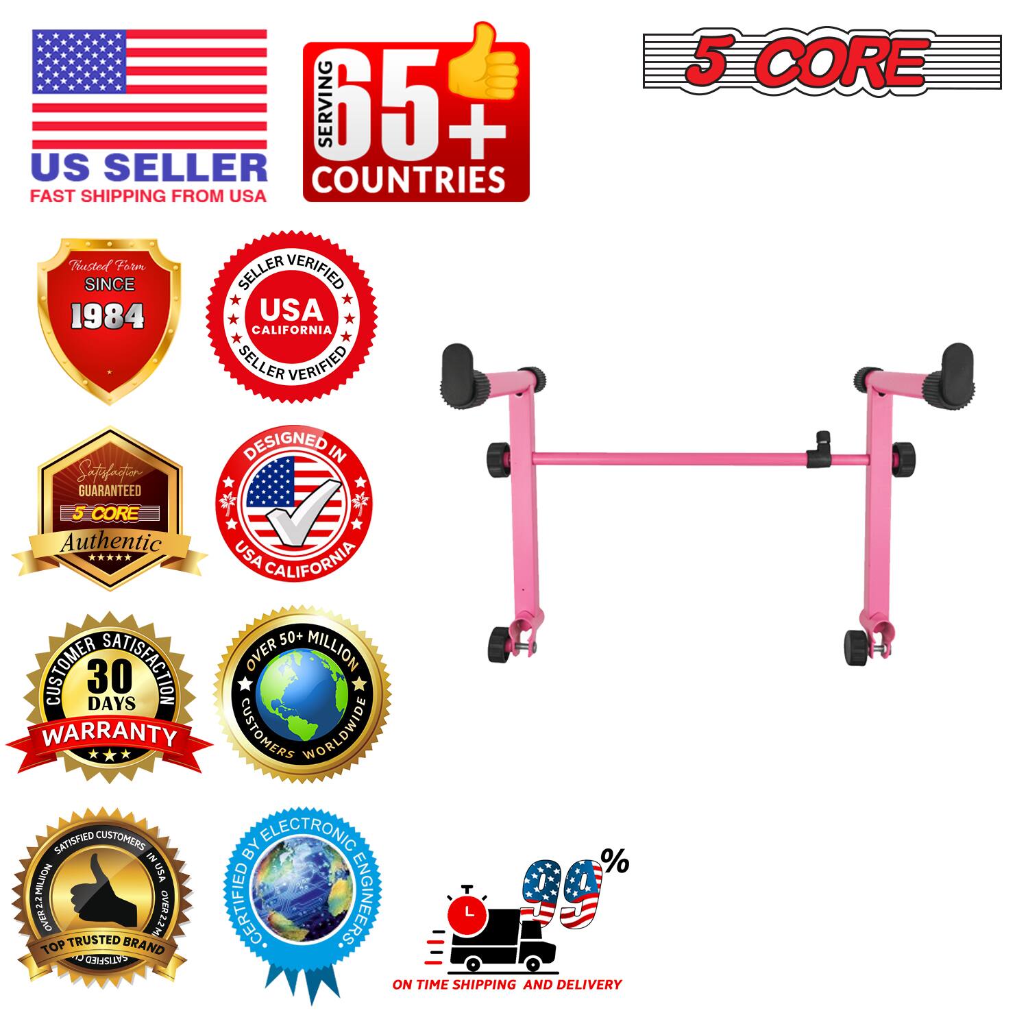 Sure, here is the corrected and grouped text from the image:

---

**US SELLER**  
FAST SHIPPING FROM USA

**SERVING 65+ COUNTRIES**

**5 CORE**

**Trusted Form**  
SINCE 1984

**SELLER VERIFIED**  
USA CALIFORNIA  
SELLER VERIFIED  
USA CALIFORNIA

**SATISFACTION GUARANTEED**  
Authentic

**5 CORE**  
DESIGNED IN USA

**30 DAYS WARRANTY**

**OVER 50+ MILLION CUSTOMERS WORLDWIDE**

**SATISFIED CUSTOMERS**  
CERTIFIED BY ELECTRONIC ENGINEERS

**TOP TRUSTED BRAND**

**ON TIME SHIPPING AND DELIVERY**

**%**  
(Icon with American flag and truck)

---