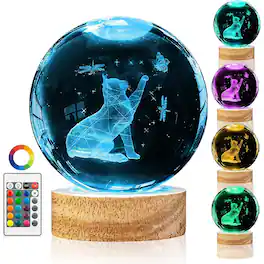 Schertz - 3.15" Crystal Cat Ball Night Light, 16-Color LED Base, Cat Lover Gift