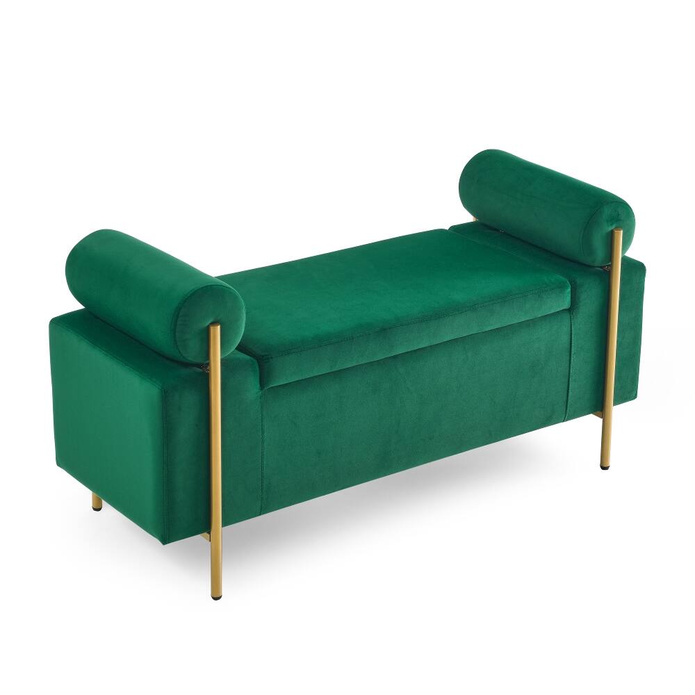 Alt View 7. Ropilly - Ropilly Green Velvet Storage Bench, Upholstered Ottoman with Cylindrical Arms and Gold Legs for Bedroom Hallway - Green.