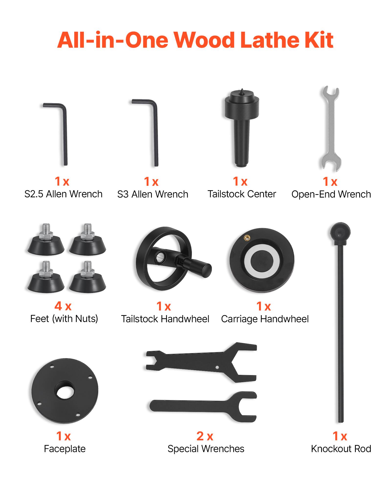 All-in-One Wood Lathe Kit

- 1x S2.5 Allen Wrench
- 1x S3 Allen Wrench
- 1x Tailstock Center
- 1x Open-End Wrench
- 4 x Feet (with Nuts)
- 1x Tailstock Handwheel
- 1x Carriage Handwheel
- 1x Faceplate
- 2 x Special Wrenches
- 1x Knockout Rod