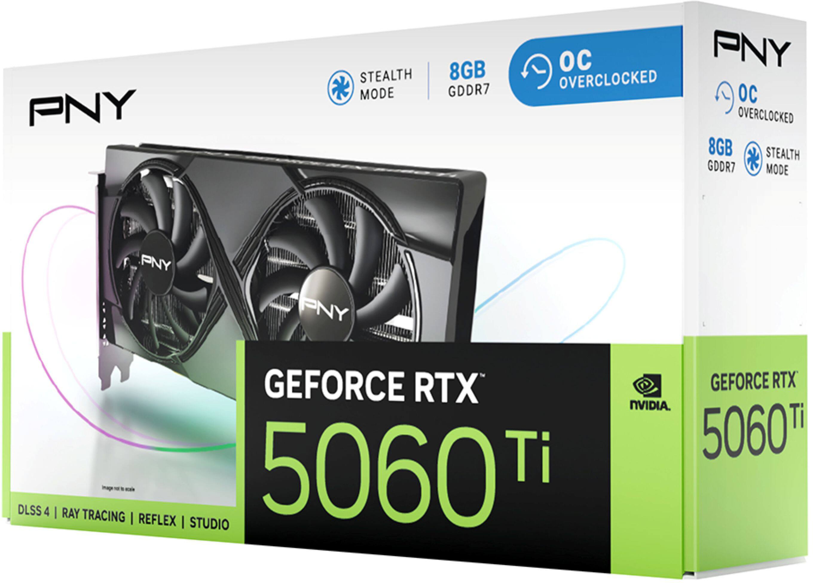 PNY STEALTH MODE 8GB GDDR7 OC PNY OVERCLOCKED OC OVERCLOCKED 8GB STEALTH GDDR7 MODE PNY PNY DLSS 4 GEFORCE RTX GEFORCE RTX NVIDIA Ti Ti 5060T | RAY TRACING mage - -a I REFLEX I STUDIO 5060T