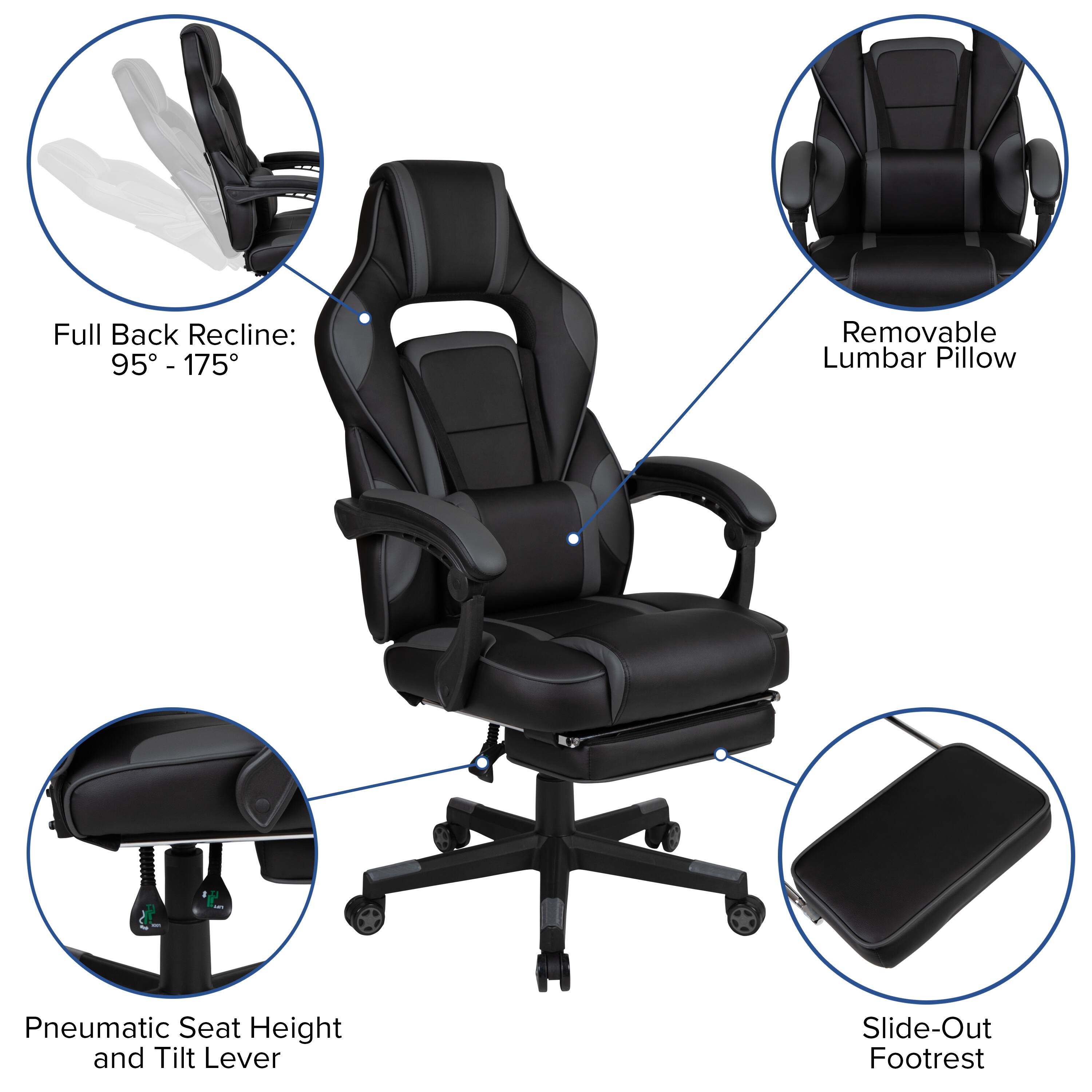 Full Back Recline: 95° - 175°  
Removable Lumbar Pillow  
Pneumatic Seat Height and Tilt Lever  
Slide-Out Footrest