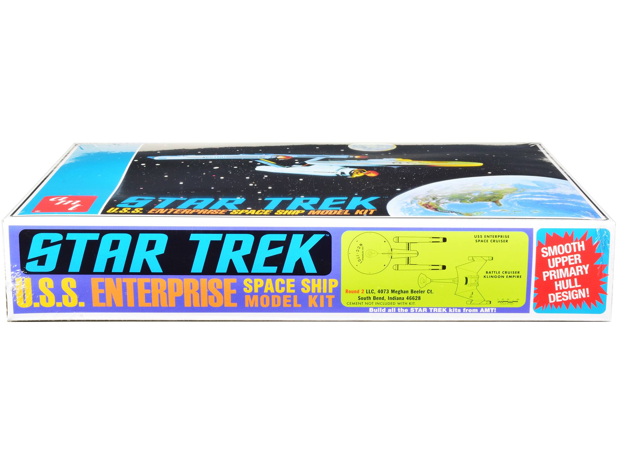 Sure, here is the corrected and grouped text from the image:

---

**STAR TREK**  
U.S.S. ENTERPRISE SPACE SHIP MODEL KIT

**Round 2 LLC.**  
4073 Meghan Beeler Ct.  
South Bend, Indiana 46628

**Build all the STAR TREK kits from AMT!**

**USS ENTERPRISE**  
SPACE CRUISER

**BATTLE CRUISER**  
KLINGON EMPIRE

**SMOOTH UPPER PRIMARY HULL DESIGN!**

---

This text is organized to reflect the information on the box, including the model kit details, company information, and promotional text.