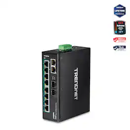 Trendnet - TI-PG102,10-Port Hardened Industrial Gigabit PoE+ DIN-Rail Network Switch - Black