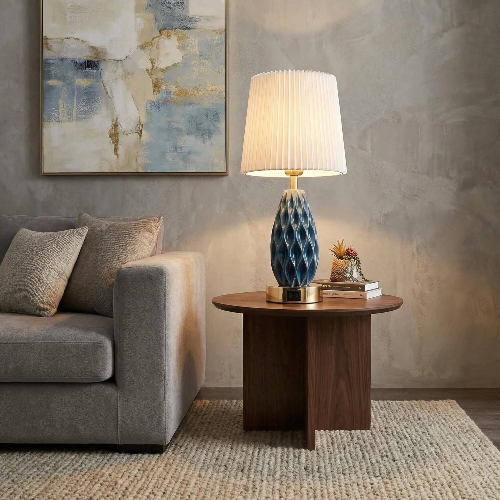Alt View 4. GVDV - Home 18in Table Lamp with USB A&C Ports, Touch Control 3 Way Dimmable, Wave Texture Resin Bedside Lamp,for Bedroom Blue.