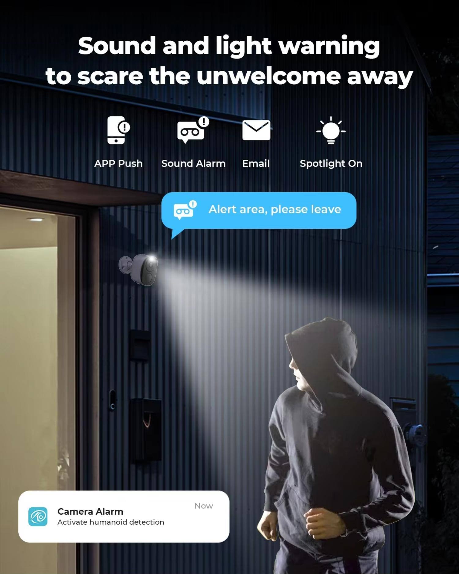 Sound and light warning to scare the unwelcome away!

- APP Push
- Sound Alarm
- Email
- Spotlight On

Alert area, please leave

Camera Alarm
Activate humanoid detection
Now