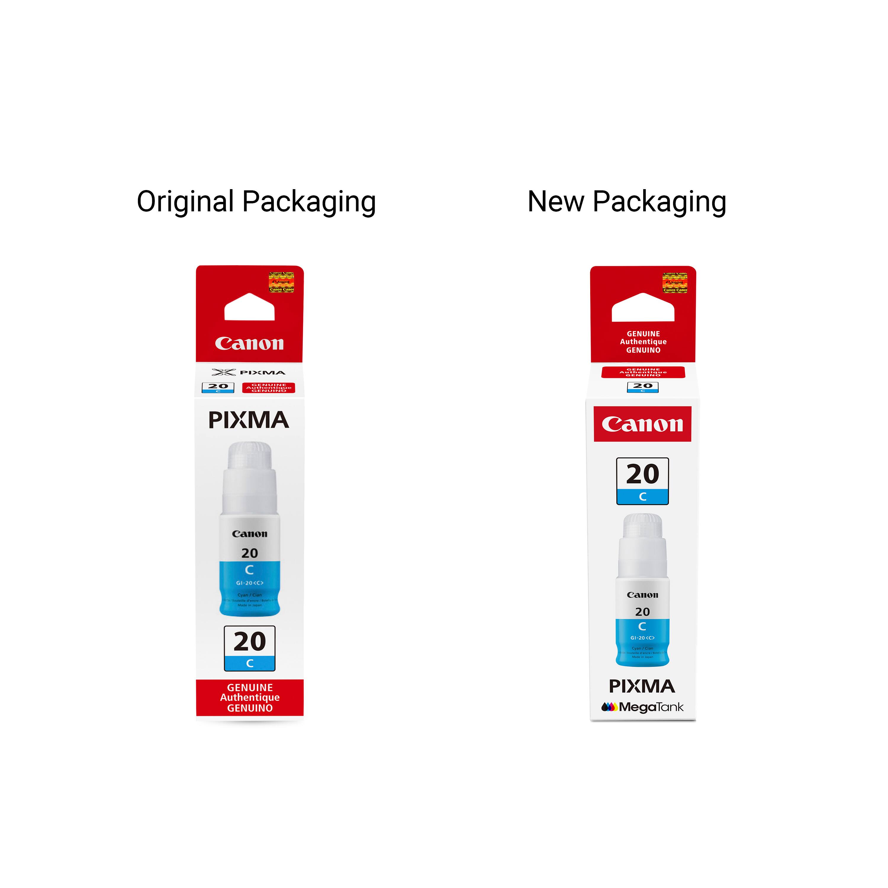 Original Packaging  
Canon GENUINE Authentique GENUINO  
PIXMA  
20 C  
Canon 20 C  

New Packaging  
Canon GENUINE Authentique GENUINO  
PIXMA MegaTank  
20 C  
Canon 20 C