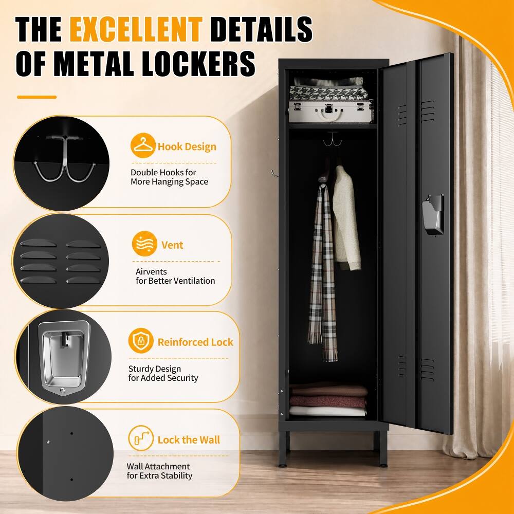 THE EXCELLENT DETAILS OF METAL LOCKERS

- Hook Design
  - Double Hooks for More Hanging Space

- Vent
  - Airvents for Better Ventilation

- Reinforced Lock
  - Sturdy Design for Added Security

- Lock the Wall
  - Wall Attachment for Extra Stability