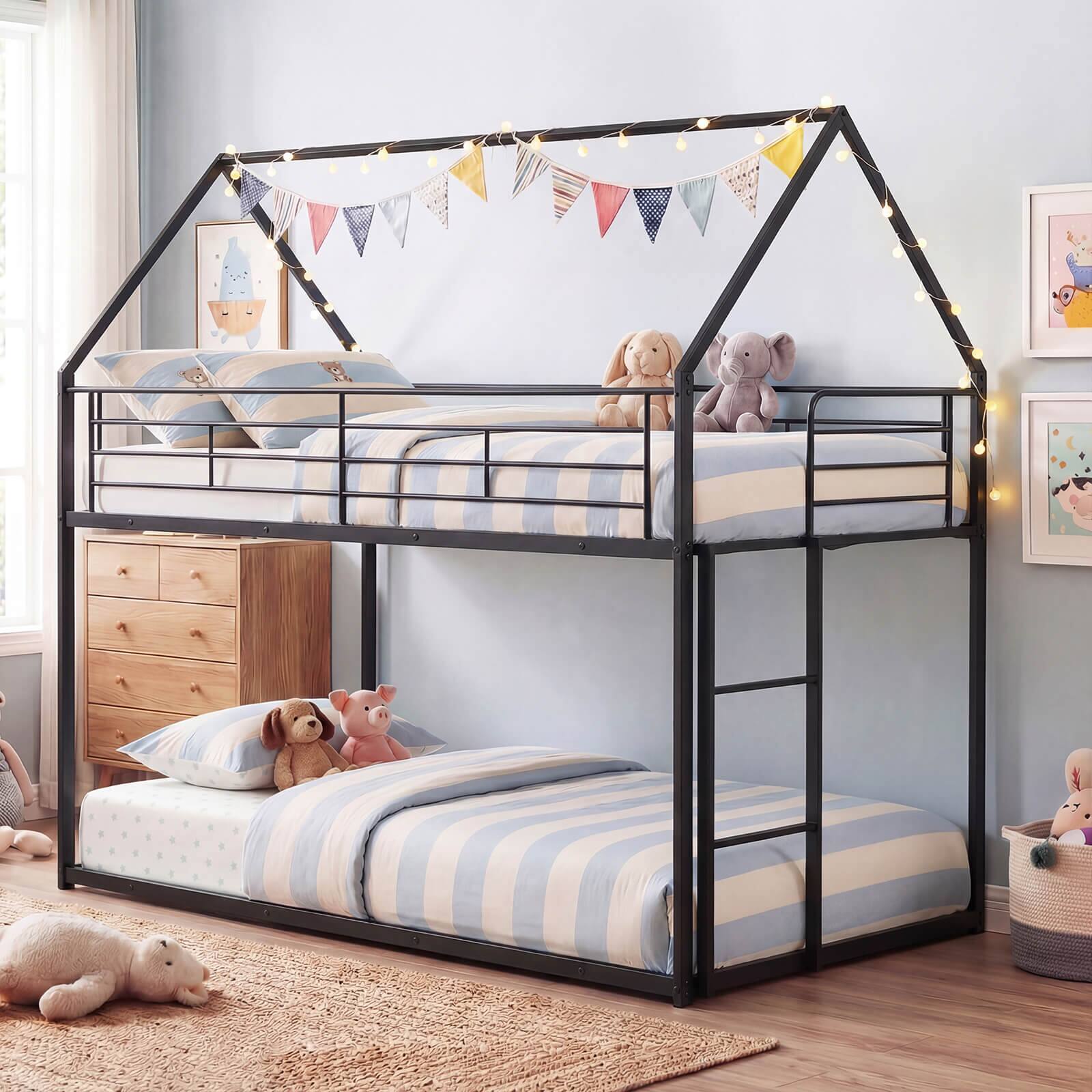 Alt View 1. Costway - Costway Twin Over Twin Metal Bunk Bed, House Shaped Floor Bunk Bed Frame with Roof & Ladder - Black.