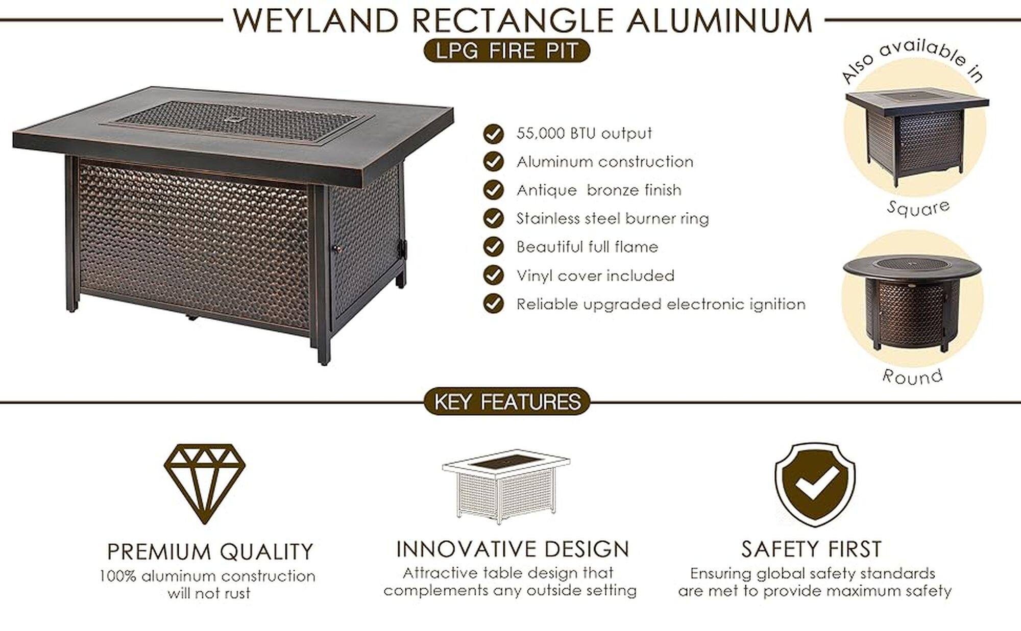 Weyland Rectangle Aluminum LPG Fire Pit is a premium quality product that features an antique bronze finish and stainless steel burner ring. It is available in a 55.000 BTU output and is made of 100% aluminum, ensuring durability and resistance to rust. The product also includes a square vinyl cover and reliable upgraded electronic ignition. The innovative design of the fire pit complements any outdoor setting, and safety is a top priority, ensuring that global safety standards are met.