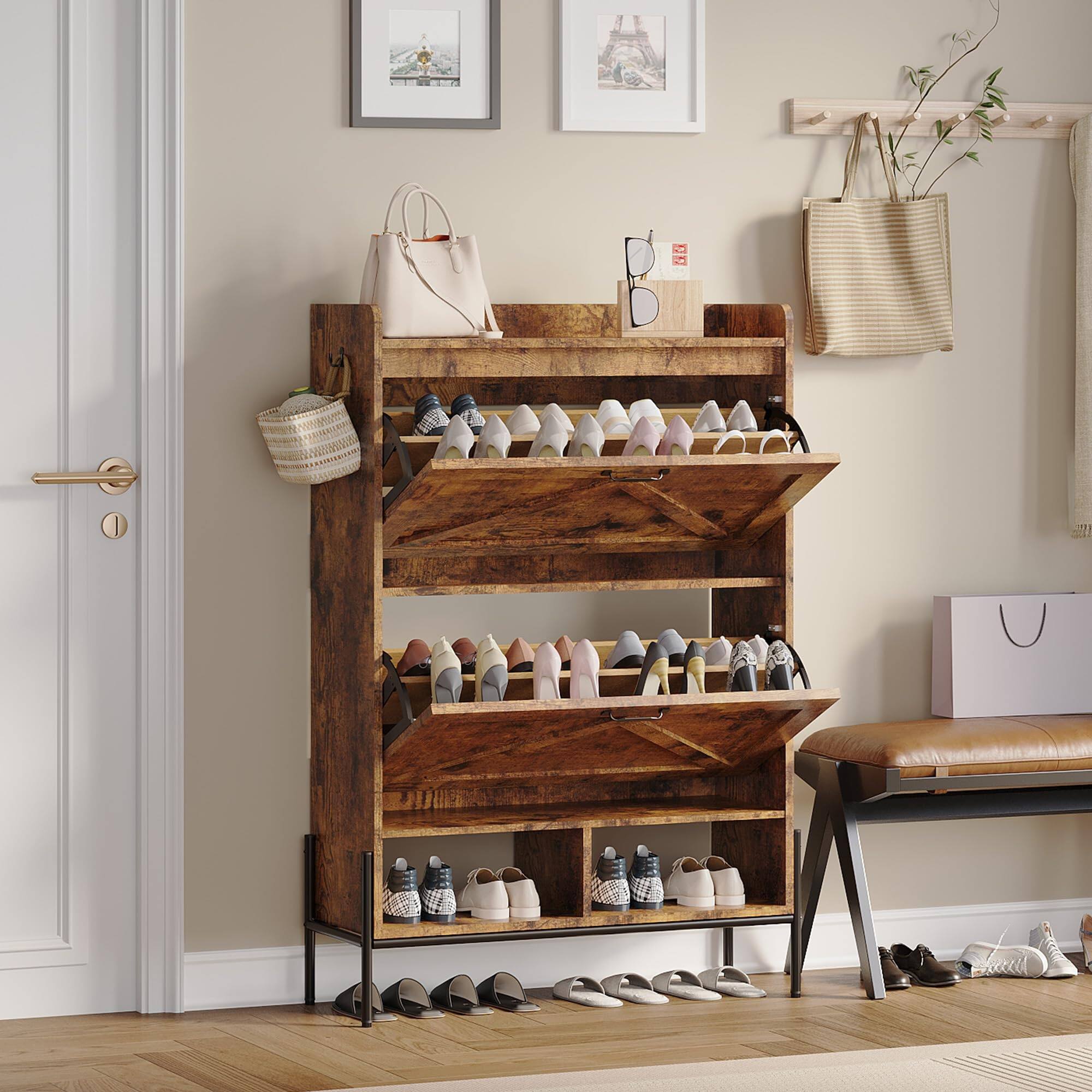 Front. Acekool - Shoe Cabinet with 2 Flip Drawers & 2 Open Shelves, Freestanding Narrow Shoe Storage Organizer with Hooks - Brown.
