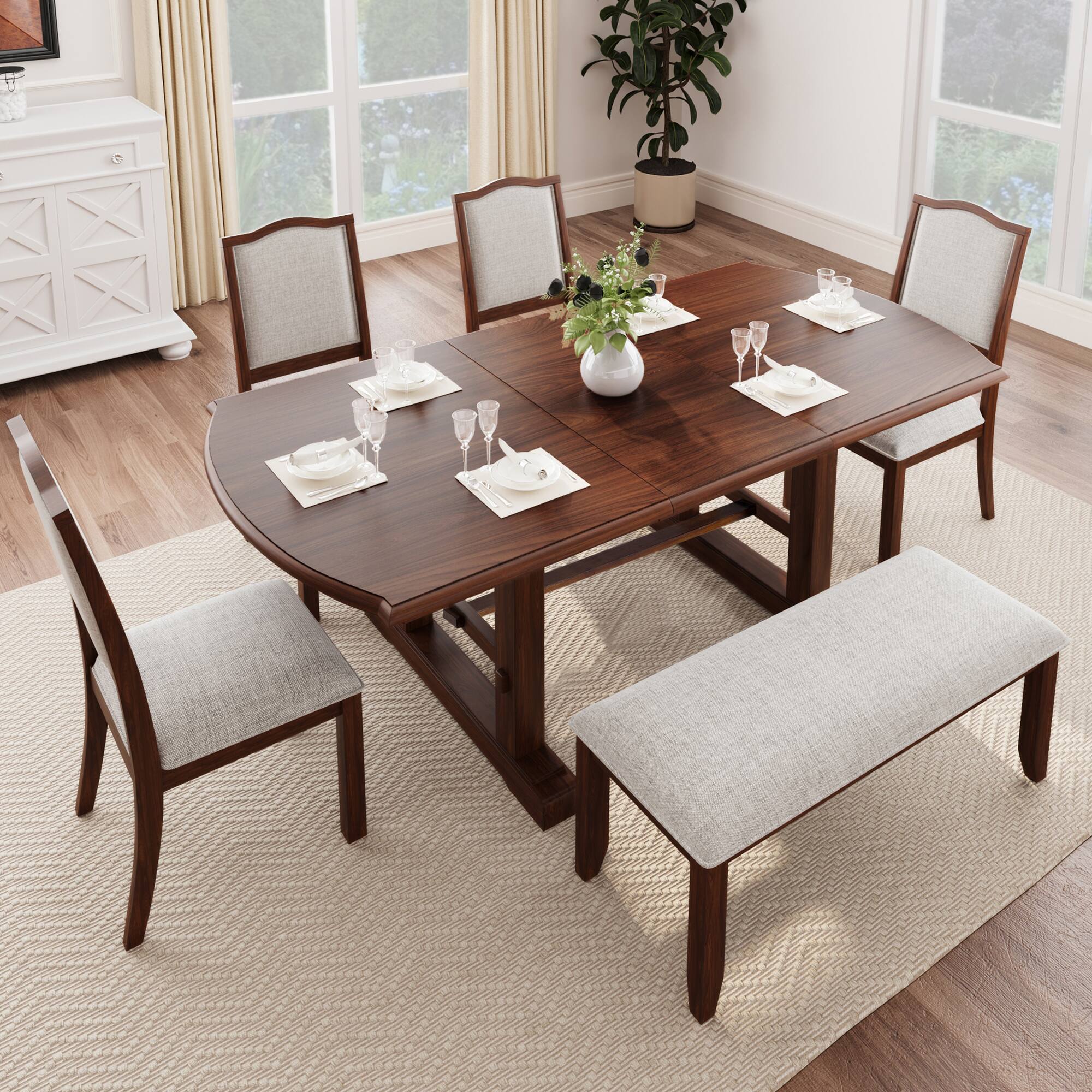 Angle. APRILSOUL - 6-Piece Dining Table Set 60inch to 78inch Extendable Table with Removable Leaf 4 Upholstered Side Chair and Bench Cherry - Cherry.