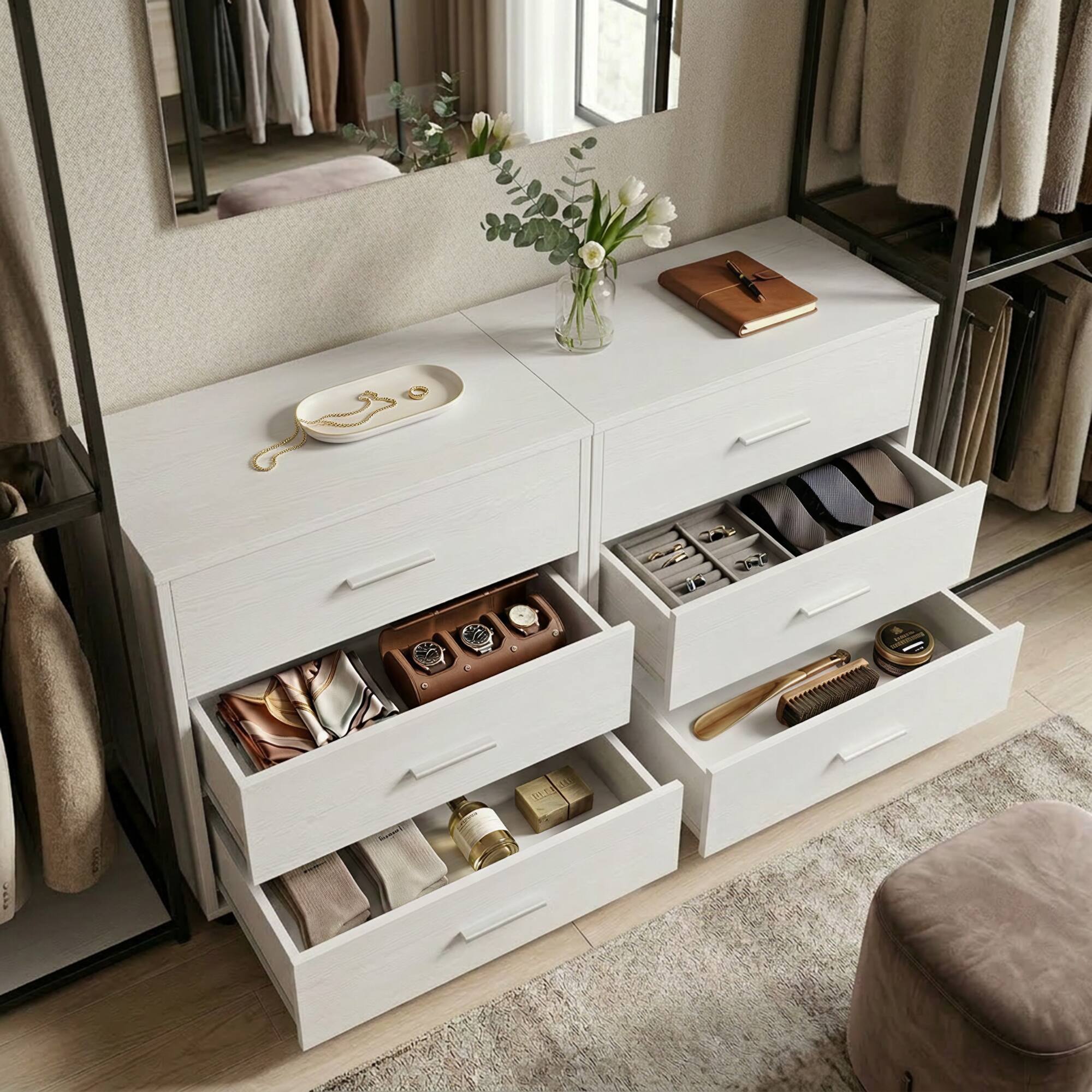 Angle. Aheaplus - 2-Pack Wooden Closet Organizer - 3 Drawers, Multifunctional Bedside Nightstand for Bedroom - White.
