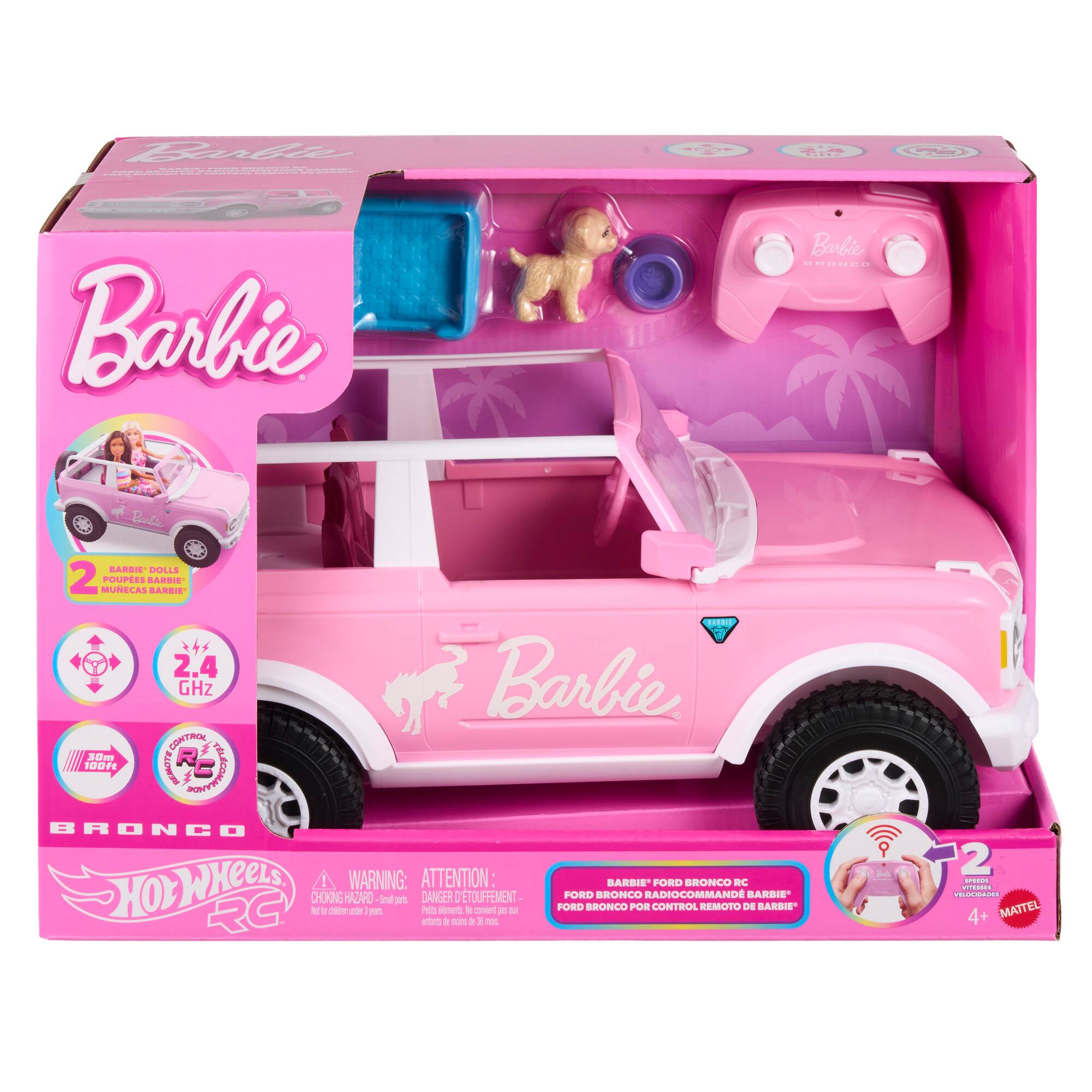 Barbie Ford Bronco RC  
Barbie Ford Bronco Radiocomandé  
Barbie Ford Bronco por Control Remoto  

2 Barbie Dolls  
2 Muñecas Barbie  

2.4 GHz  
Control Remoto  

Hot Wheels  
RG  

Warning: Attention - Danger of Choking - Pequeñas piezas