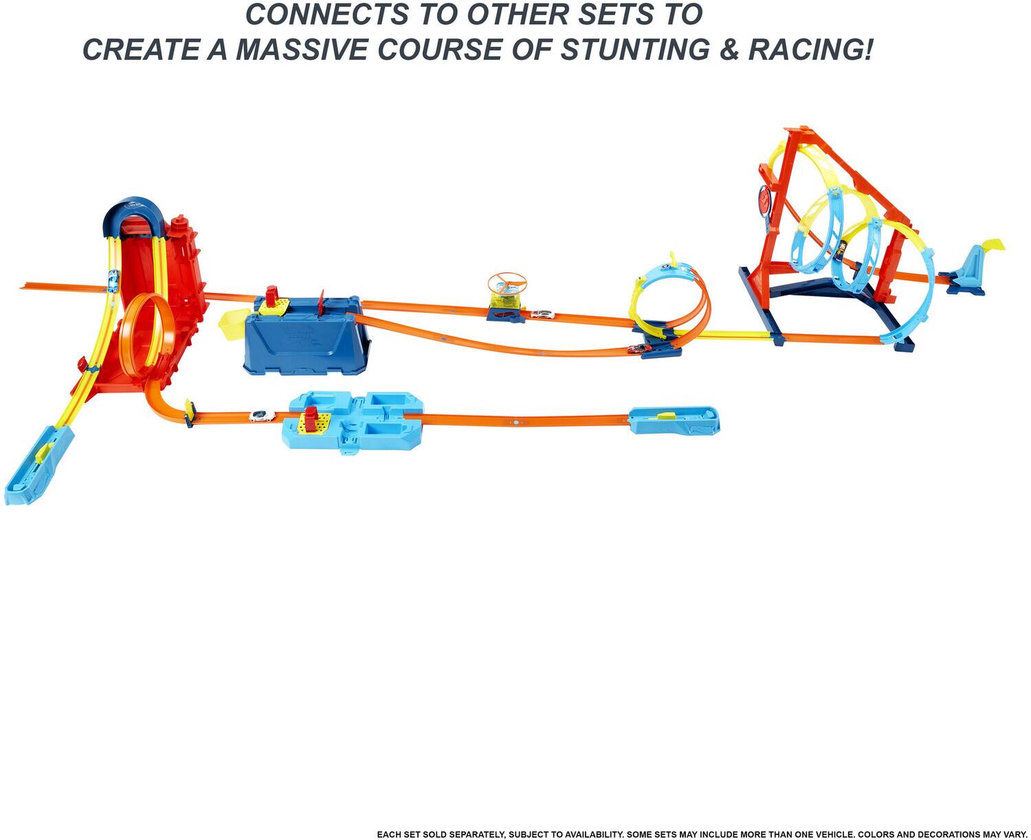 CONNECTS TO OTHER SETS TO CREATE A MASSIVE COURSE OF STUNTING & RACING!

EACH SET SOLD SEPARATELY, SUBJECT TO AVAILABILITY. SOME SETS MAY INCLUDE MORE THAN ONE VEHICLE. COLORS AND DECORATIONS MAY VARY.