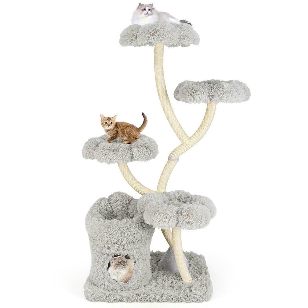 Alt View 4. Kadyn - Freestanding Cat Tree with Four Flower-Shaped Platforms and Sisal Posts, Gray - Gray.