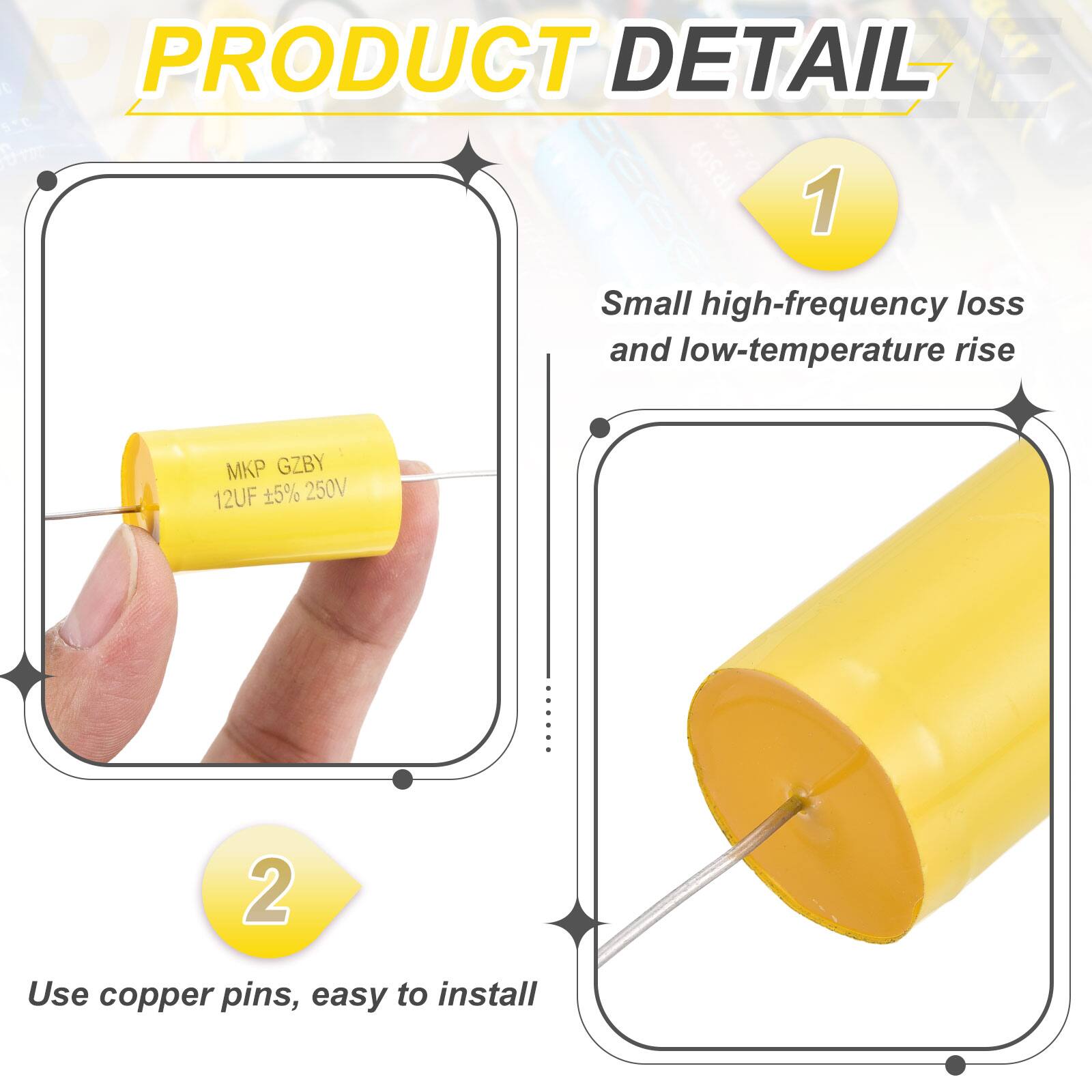 PRODUCT DETAIL

1. Small high-frequency loss and low-temperature rise
   GZBY 12UF 5% 250V

2. Use copper pins, easy to install