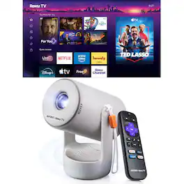 Aurzen - Roku TV Portable Mini Projector with Upgraded Sound Base, 180° Rotation, Auto Vertical Keystone, Zoom for Home/Outdoor - Gray