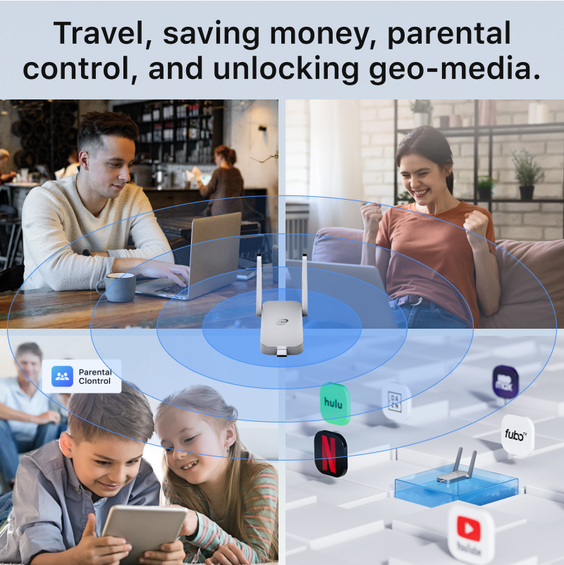 Travel, saving money, parental control, and unlocking geo-media.

- Parental Control
- Hulu
- Netflix
- Fubo
- YouTube