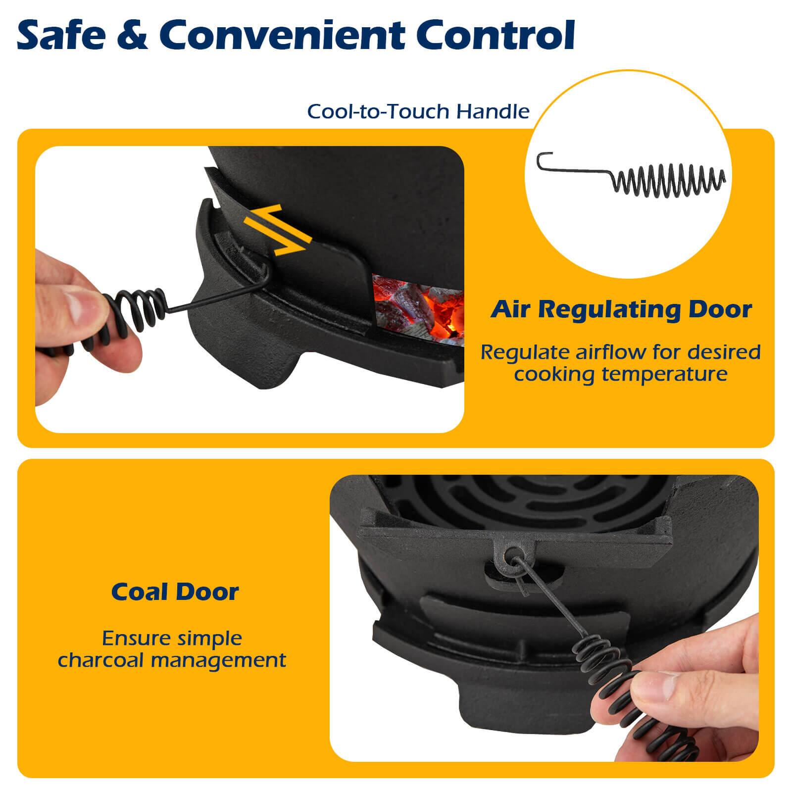 Safe & Convenient Control

Cool-to-Touch Handle

Air Regulating Door
Regulate airflow for desired cooking temperature

Coal Door
Ensure simple charcoal management