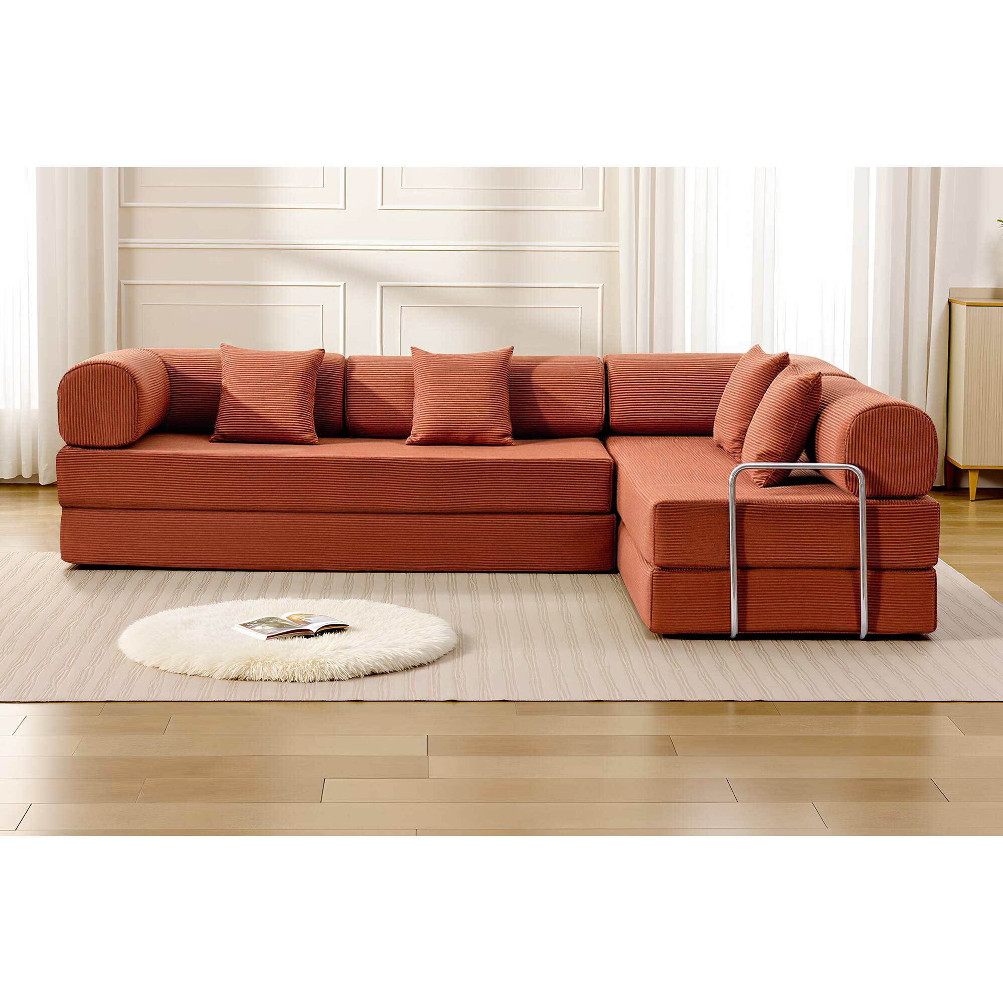 Alt View 8. KERDOM - L-Shaped Corduroy Couch Chaise Lounge, 78'' Foldable Sofa Bed 2pcs Combined, Spliced Block Modular Sectional Sponge Sofa - Pumkin Brown.