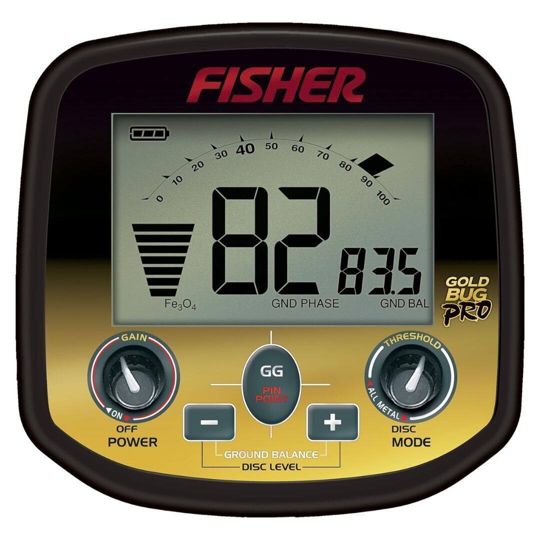 FISHER  
GOLD BUG PRO  

82  
0.35  

Fe3O4  
GND PHASE  
GND BAL  

GG PIN POINT  

GAIN  
POWER (OFF)  

GROUND BALANCE  
DISC LEVEL  

THRESHOLD  
ALL METAL  
DISC MODE