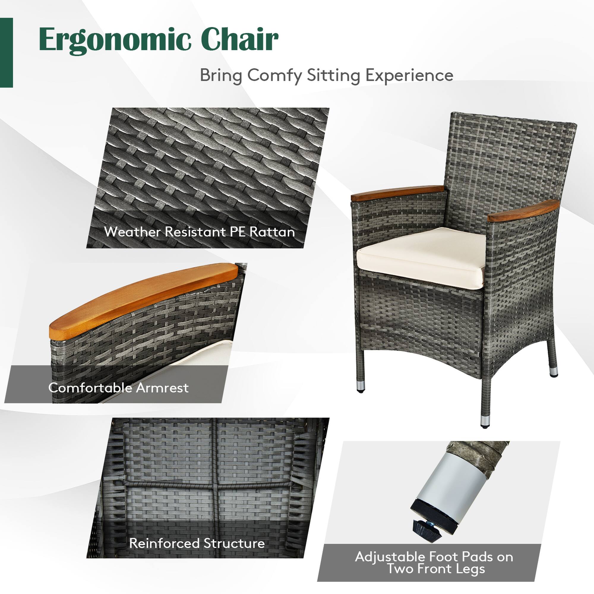 Ergonomic Chair  
Bring Comfy Sitting Experience  

- Weather Resistant PE Rattan  
- Comfortable Armrest  
- Reinforced Structure  
- Adjustable Foot Pads on Two Front Legs