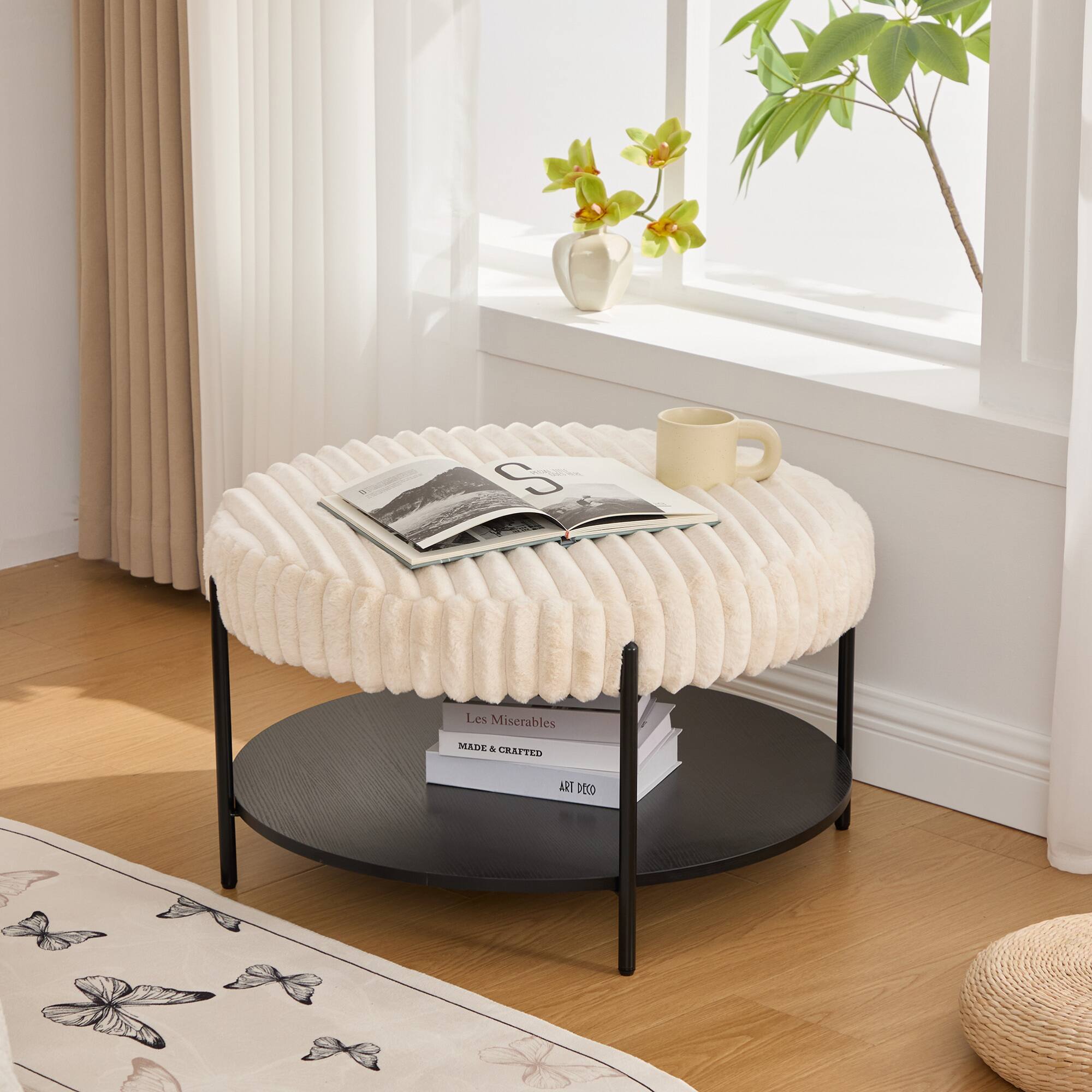 GOODSILO - Upholstered Round Ottoman Coffee Table with Metal Legs and Open Storage Shelf - Beige