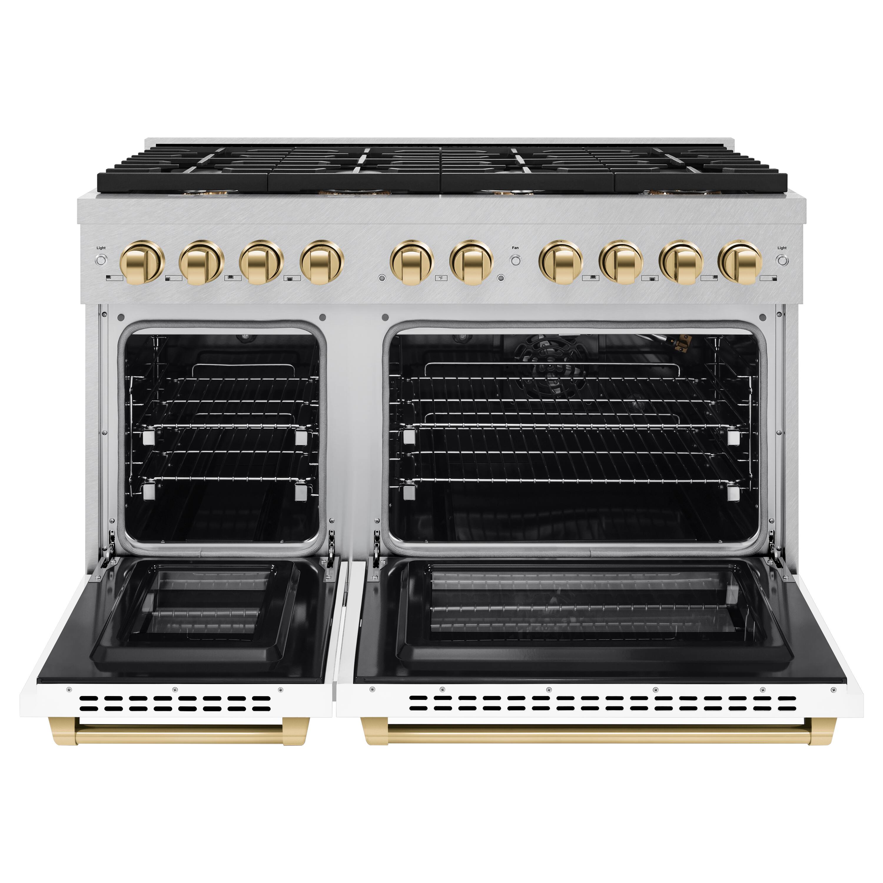 Angle. ZLINE - ZLINE Autograph 48 in. Paramount Gas Range with Gold Accents (SGRSZ-WM-48-G) - Satin Steel/White.