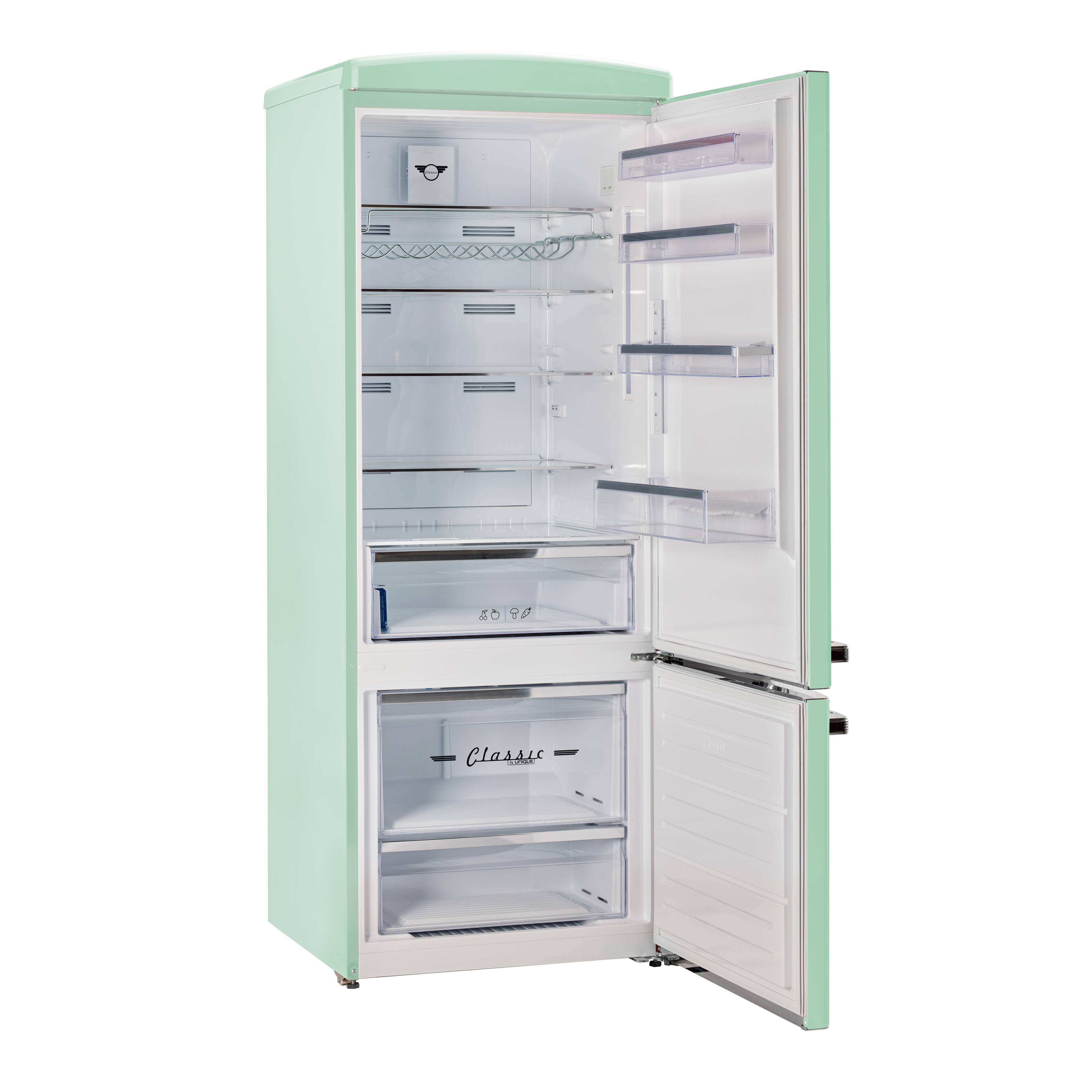 Angle. Unique Appliances - 28 in. Wide Classic Retro 16.7 cu.ft Bottom Freezer Counter Depth Refrigerator - Summer Mint Green.