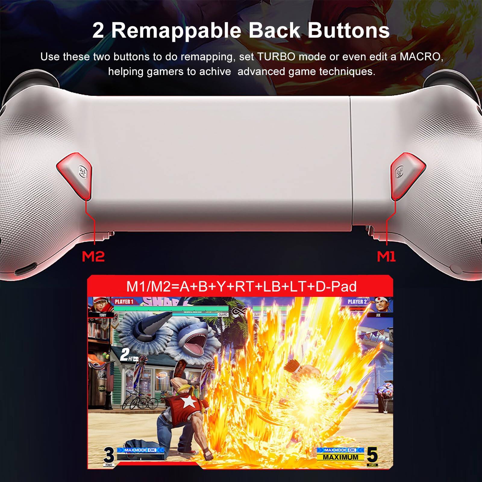 2 Remappable Back Buttons

Use these two buttons to do remapping, set TURBO mode or even edit a MACRO, helping gamers to achieve advanced game techniques.

M1/M2=A+B+Y+RT+LB+LT+D-Pad

PLAYER 1
PLAYER 2

MAXIMUM 5