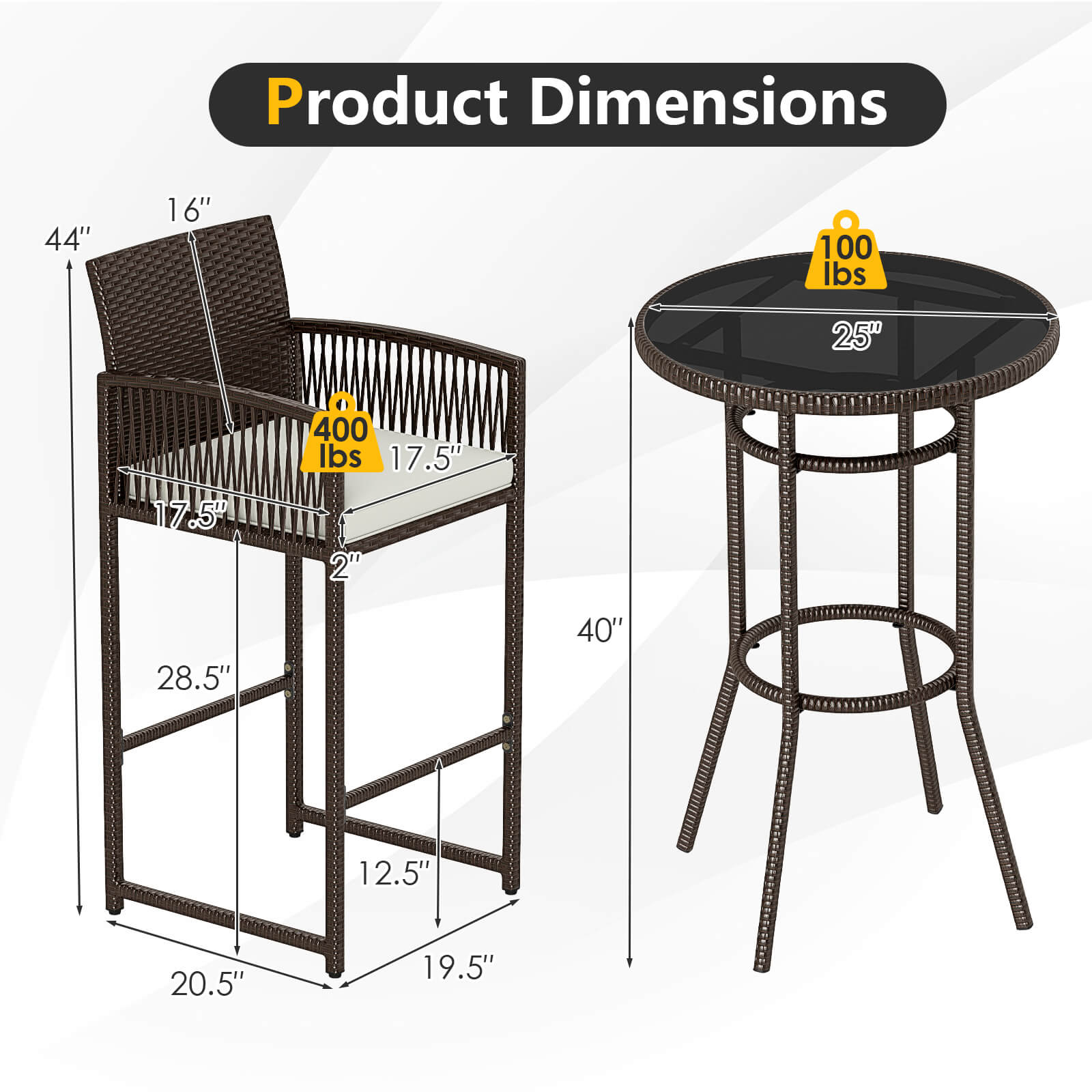 Product Dimensions

- Chair:
  - Height: 44"
  - Seat Height: 16"
  - Seat Depth: 17.5"
  - Seat Width: 17.5"
  - Back Height: 40"
  - Back Width: 28.5"
  - Armrest Height: 20.5"
  - Armrest Width: 19.5"
  - Weight Capacity: 400 lbs

- Table:
  - Diameter: 25"
  - Height: 40"
  - Weight Capacity: 100 lbs